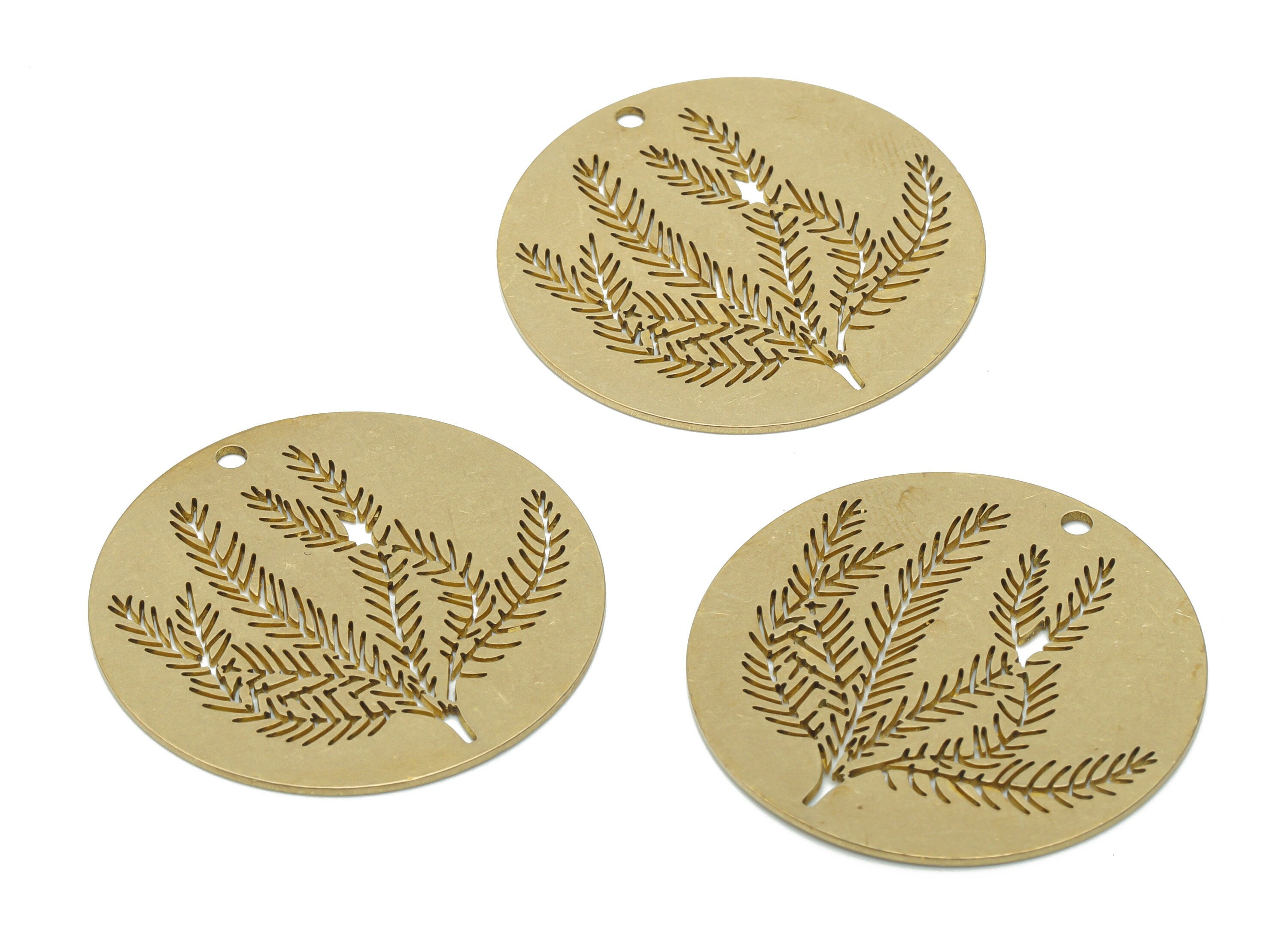 Brass Round Branch Earring Charms - Raw Brass Grass Circle Pendant - Jewelry Making Supplies - 34.81x34.81x0.74mm - PPA1426 - DOMEDBAZAAR