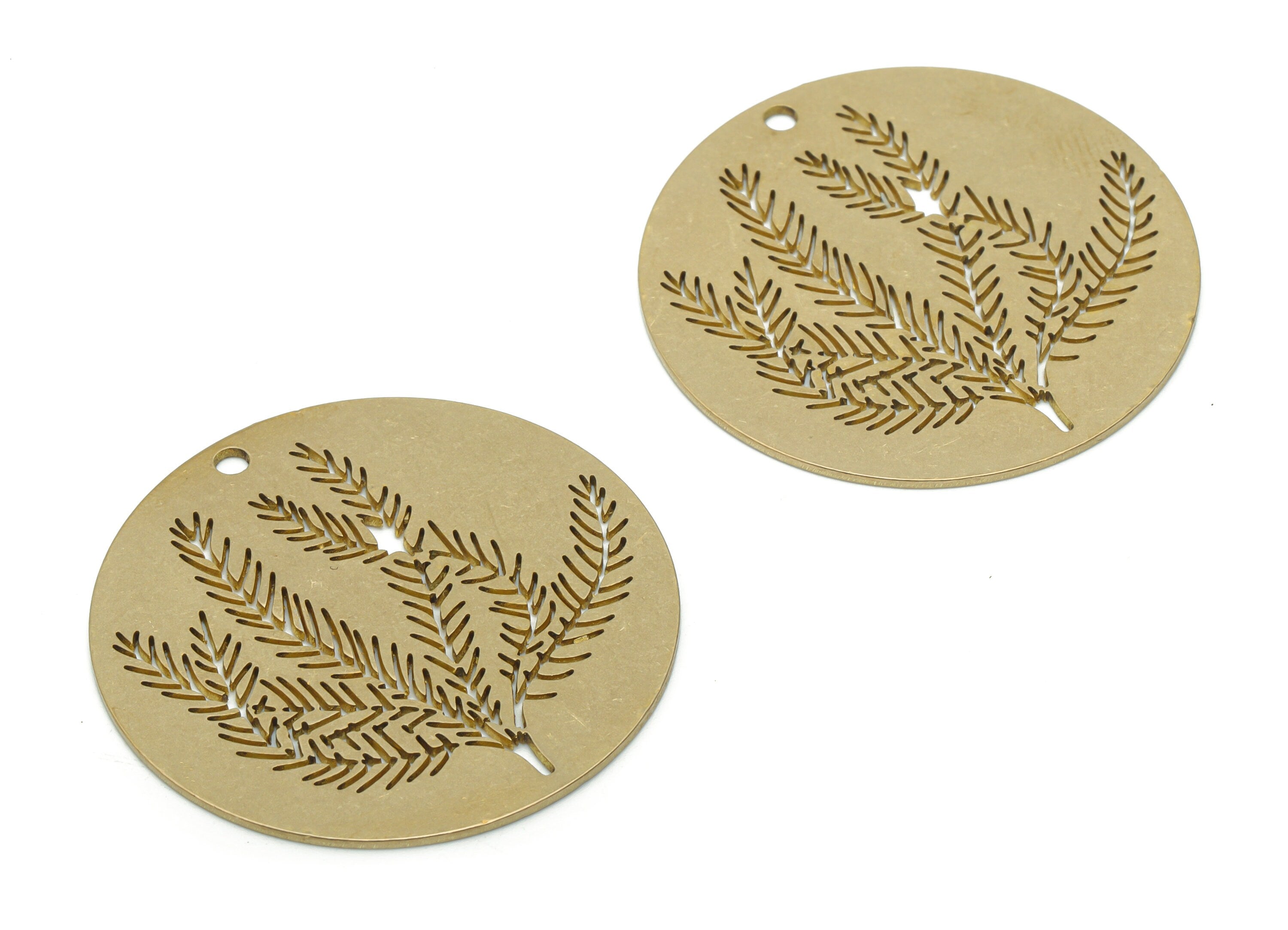 Brass Round Branch Earring Charms - Raw Brass Grass Circle Pendant - Jewelry Making Supplies - 34.81x34.81x0.74mm - PPA1426 - DOMEDBAZAAR