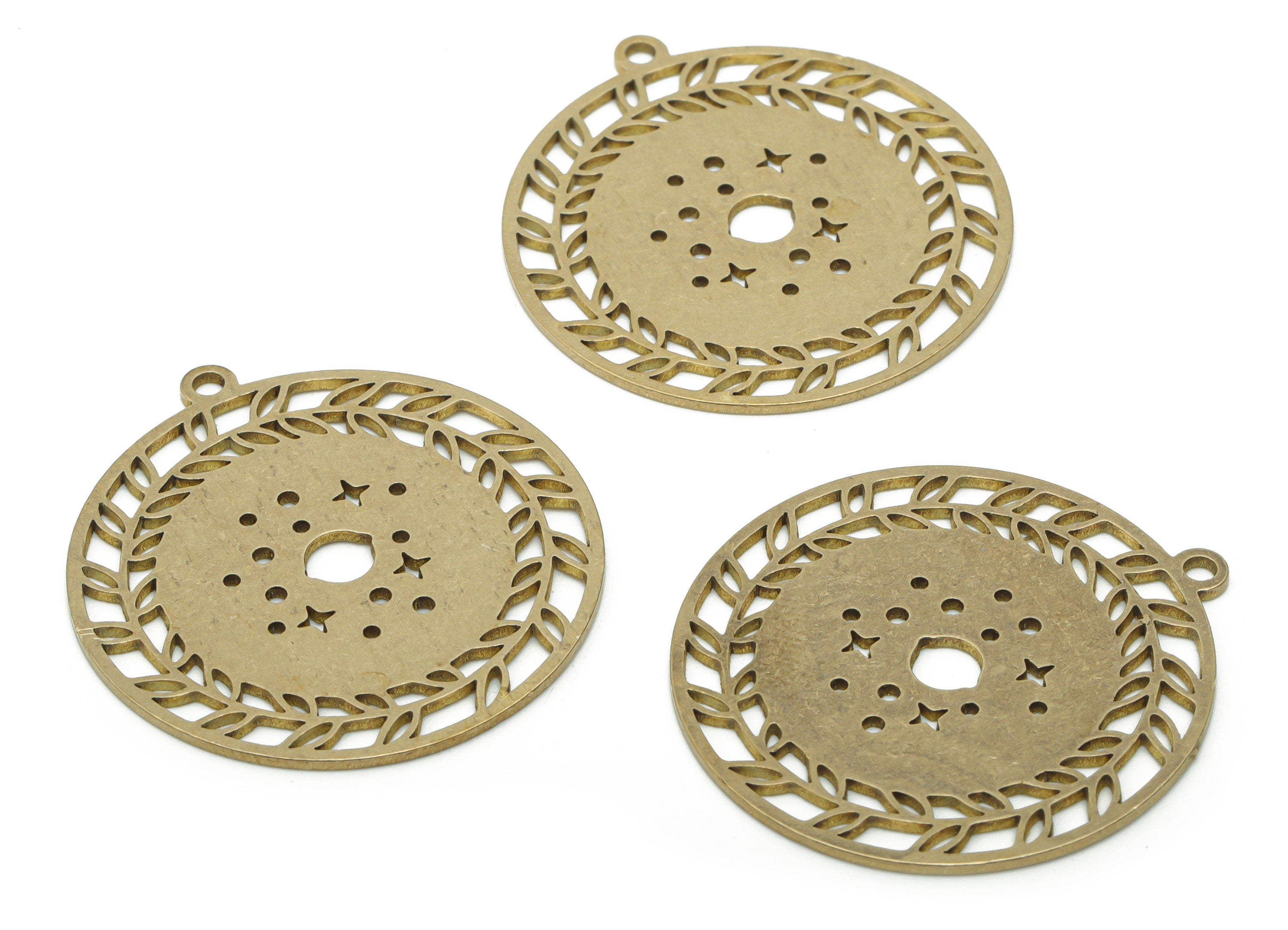 Brass Round Branch Star Earring Charms - Raw Brass Planet Circle Pendant - Jewelry Making Supplies - 34.73x31.98x0.84mm - PPA1290 - DOMEDBAZAAR