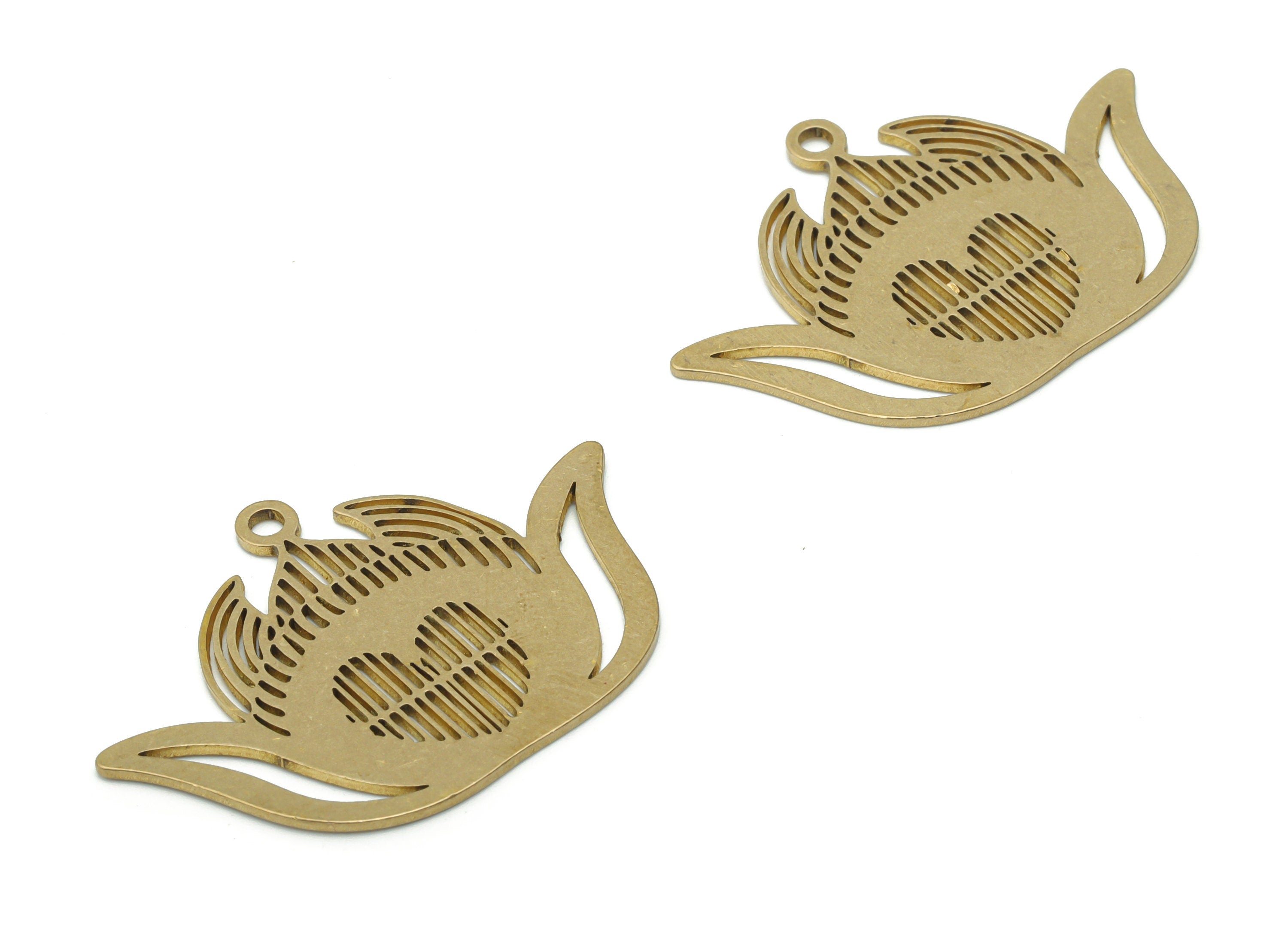 Brass Petal Lotus Earring Charms - Raw Brass Hollow Heart Pendant - Jewelry Making Supplies - 37.74x26.44x0.85mm - PPA1557 - DOMEDBAZAAR