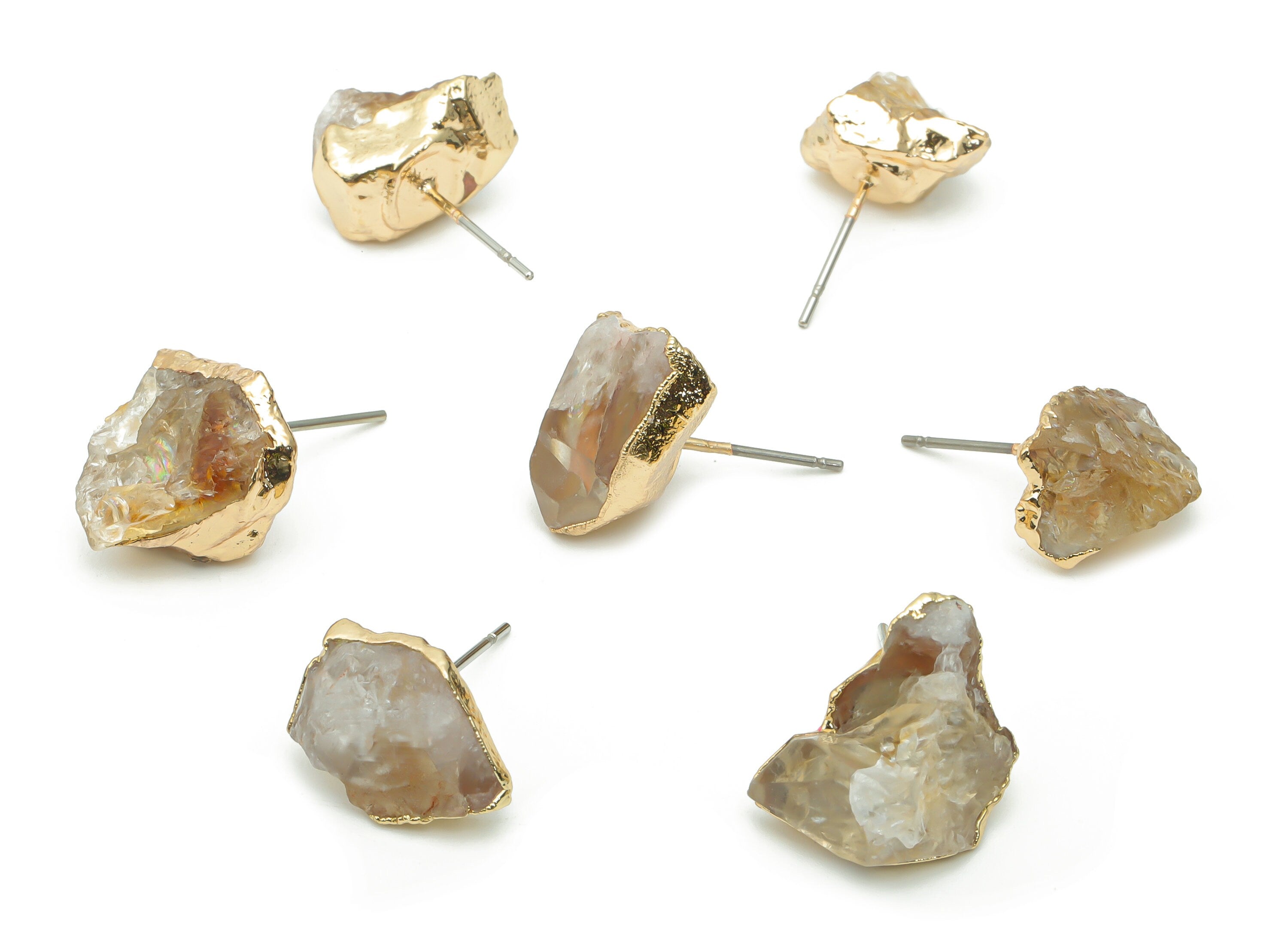 Citrine Natural Stone Earring Stud - Brass Stone Earring Post - Gold Tone Plated Brass – Stainless Steel Stud - 16.9x9.56x6.3mm – NS1596A - DOMEDBAZAAR