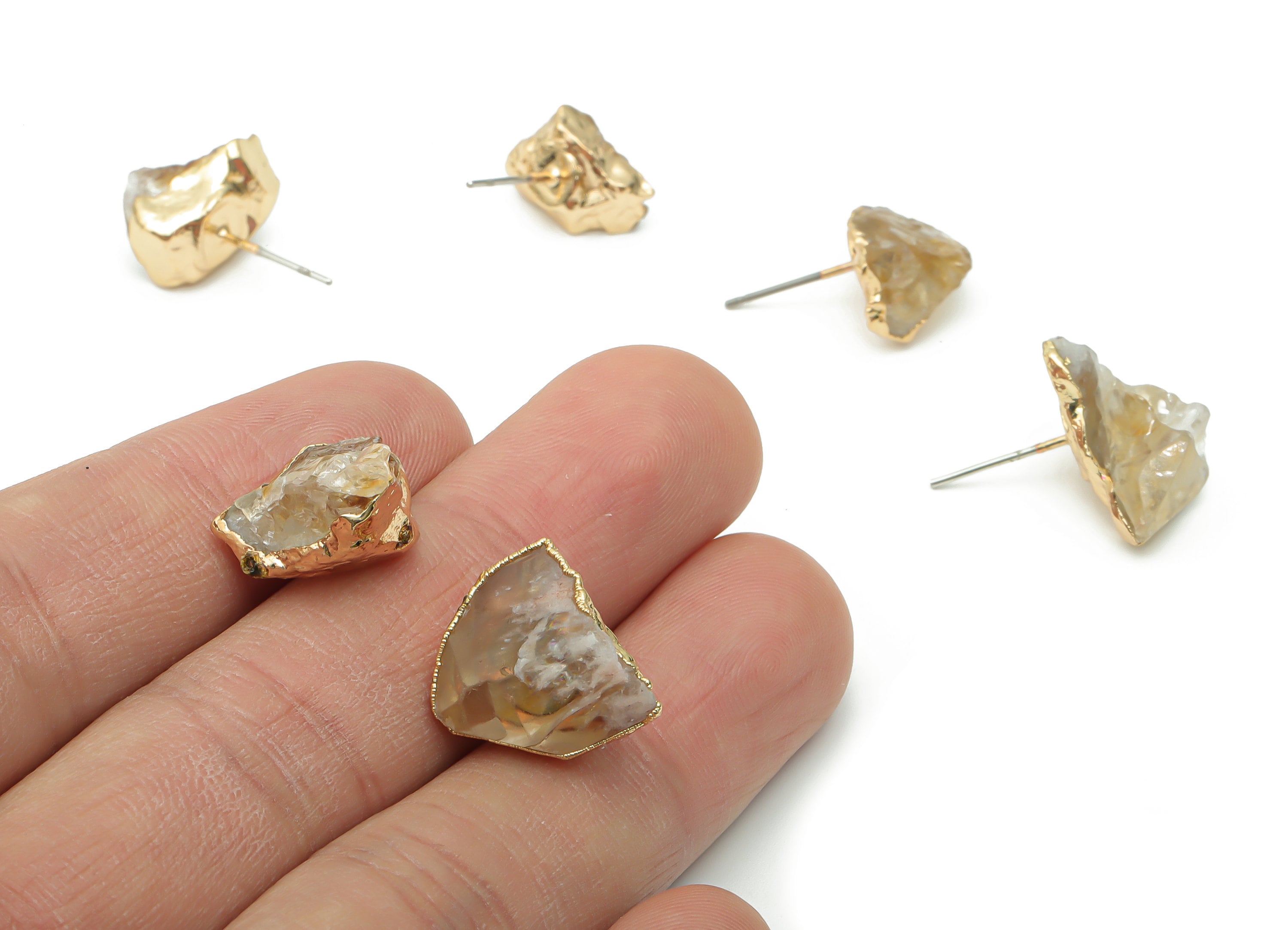 Citrine Natural Stone Earring Stud - Brass Stone Earring Post - Gold Tone Plated Brass – Stainless Steel Stud - 16.9x9.56x6.3mm – NS1596A - DOMEDBAZAAR