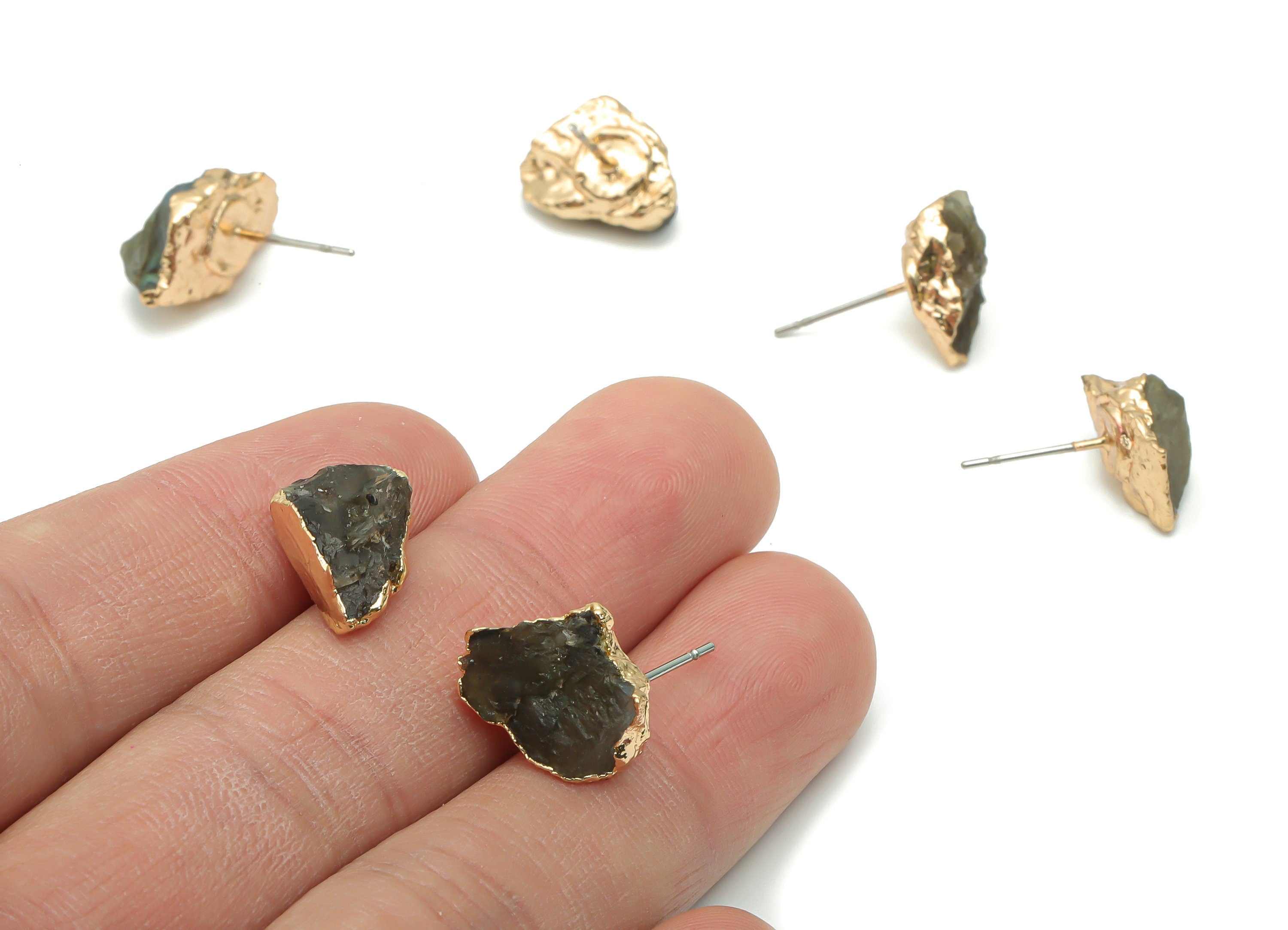Gray Labradorite Natural Stone Stud - Brass Stone Earring Post - Gold Tone Plated Brass – Stainless Steel Stud - 12.94x10.33x6.22mm– NS1596C - DOMEDBAZAAR