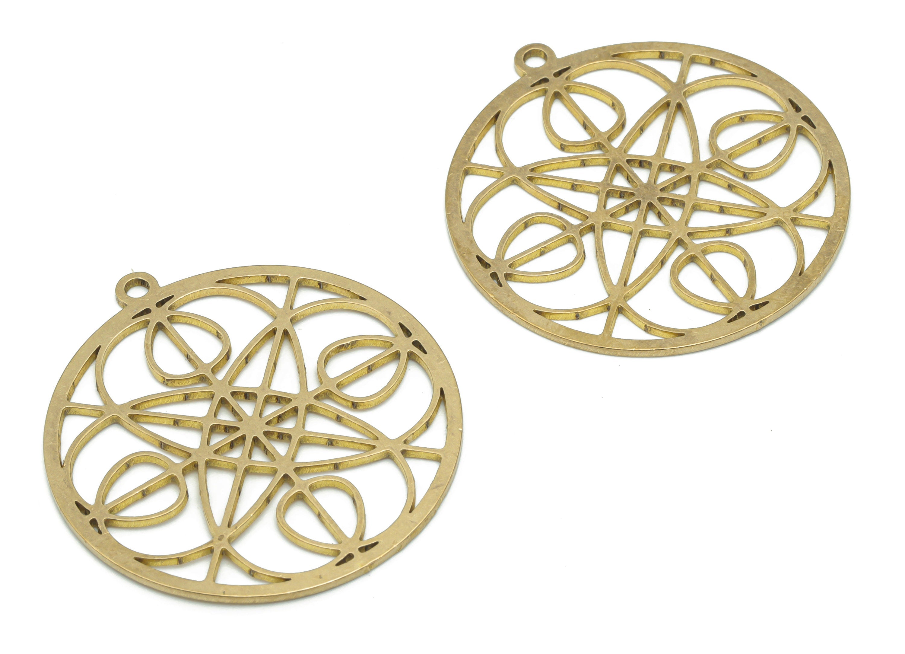 Brass Round Flower Earring Charms - Raw Brass Flower Circle Pendant - DIY Jewelry Making Supplies - 35.75x33.01x0.87mm - PPA2568 - DOMEDBAZAAR