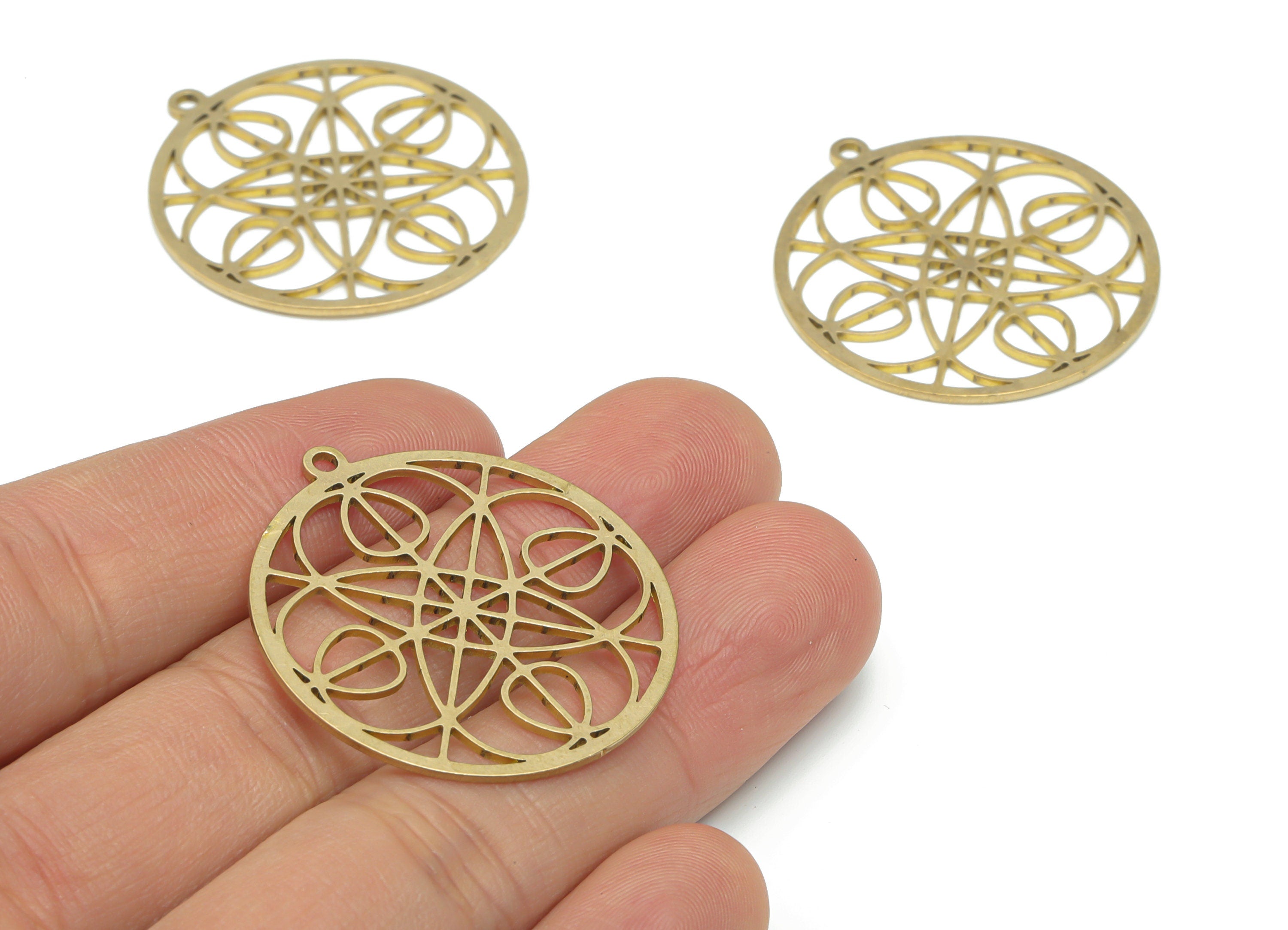 Brass Round Flower Earring Charms - Raw Brass Flower Circle Pendant - DIY Jewelry Making Supplies - 35.75x33.01x0.87mm - PPA2568 - DOMEDBAZAAR