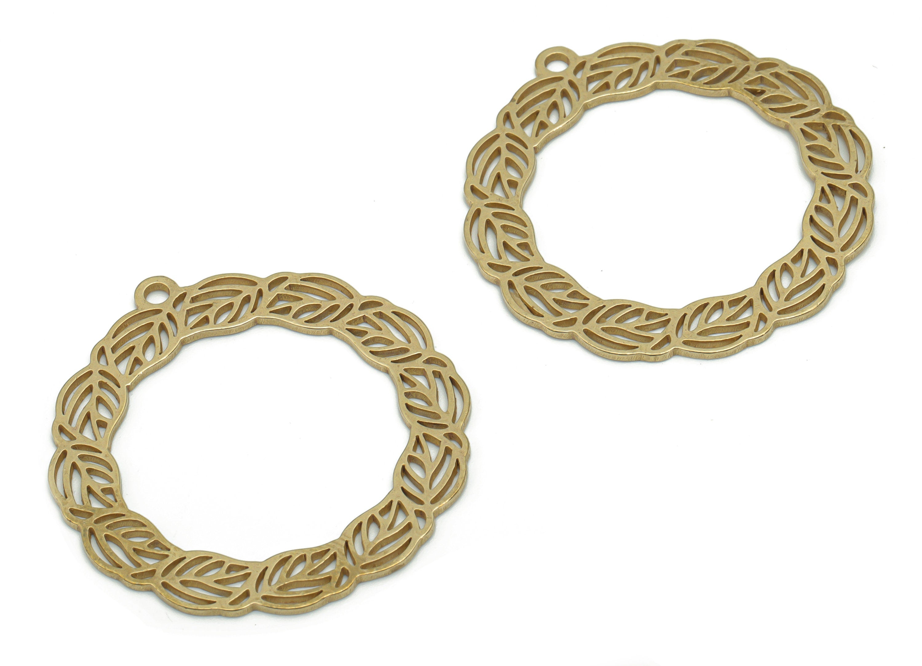 Brass Round Leafs Branch Hoop Earring Charms - Raw Brass Leaves Circle Pendant - DIY Jewelry Making Supplies - 35.68x33.21x0.85mm - PPA2040 - DOMEDBAZAAR