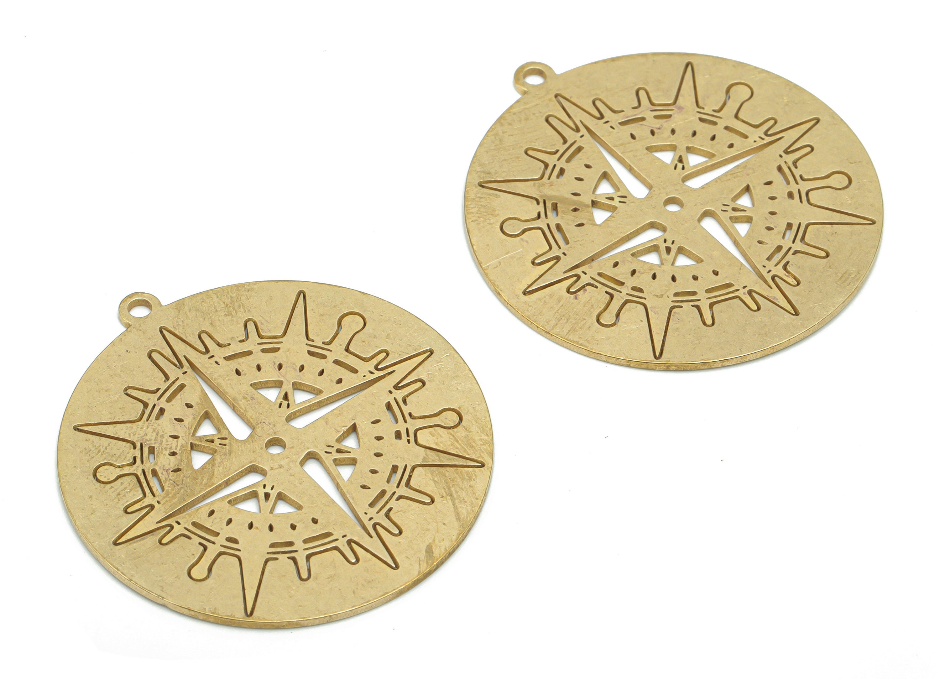 Brass Round Compass Planet Earring Charms - Raw Brass Universe Star Circle Pendant - Jewelry Making Supplies - 39.79x36.9x0.88mm - PPA1418 - DOMEDBAZAAR