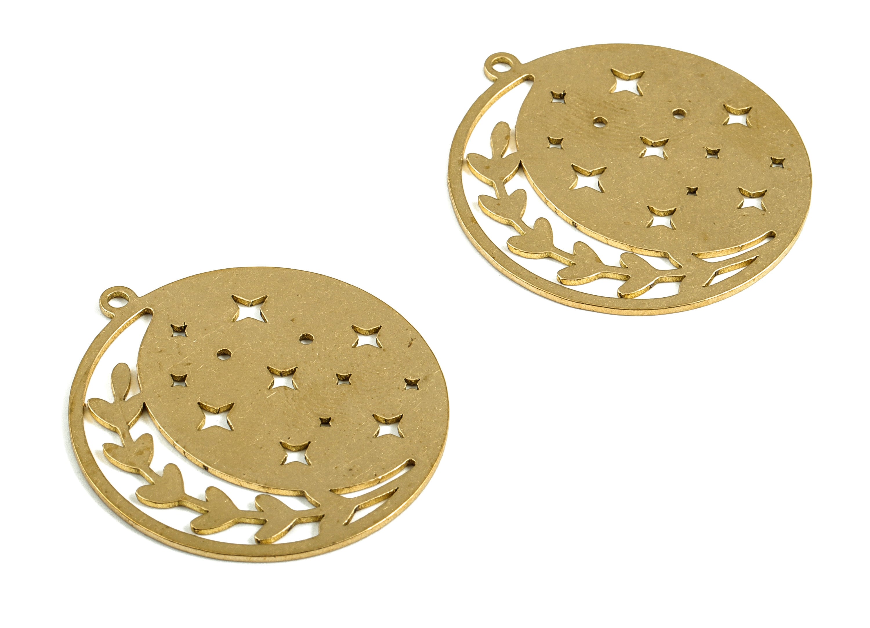 Brass Round Star Earring Charms - Raw Brass Circle Branch Pendant - Jewelry Making Supplies - 34.66x31.75x0.84mm - PP4009 - DOMEDBAZAAR