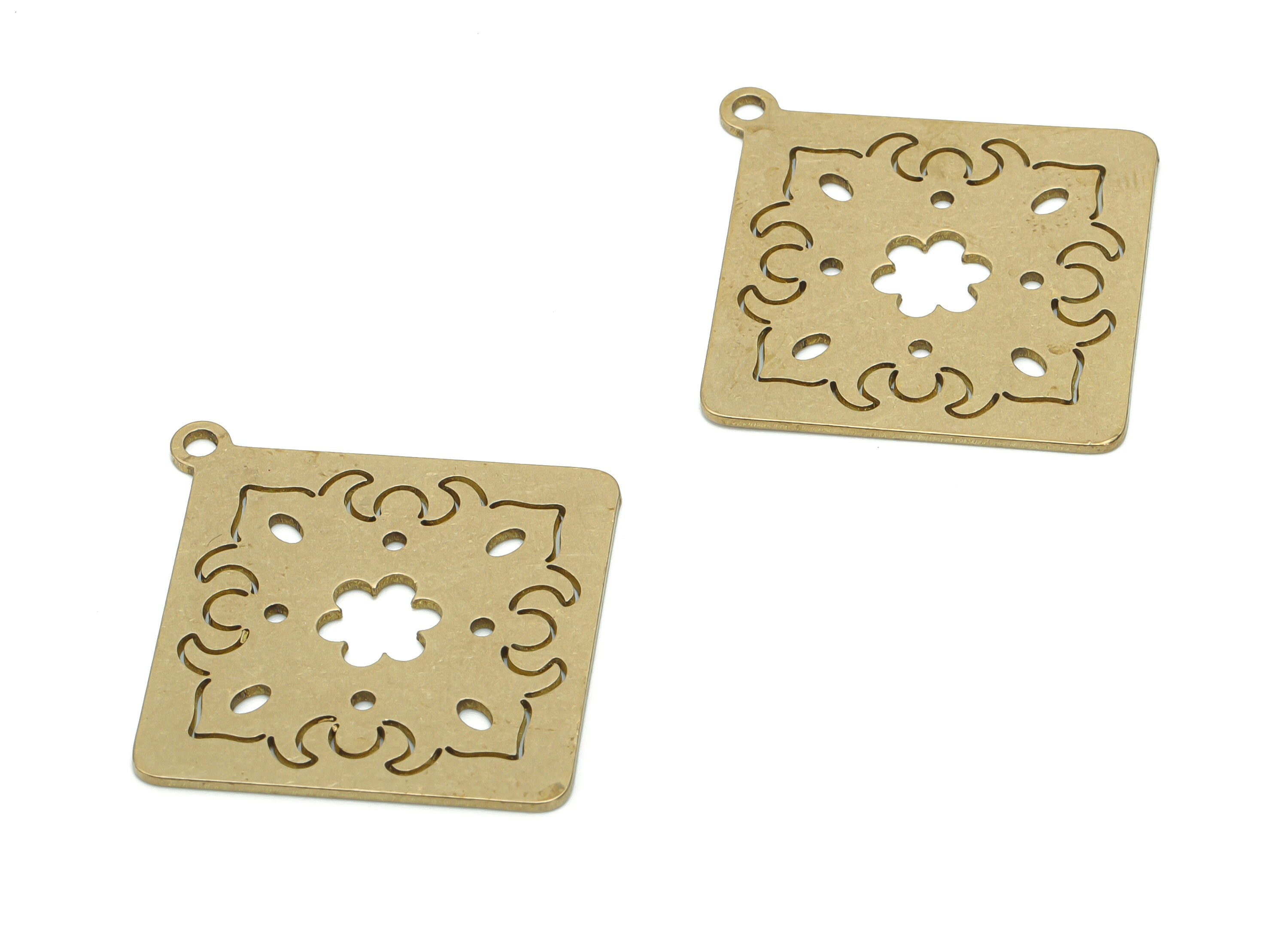 Brass Square Flower Earring Charms - Raw Brass Flower Square Anatolian Art Pendant - Jewelry Making Supplies - 35.72x33.34x0.76mm - PPA1713 - DOMEDBAZAAR