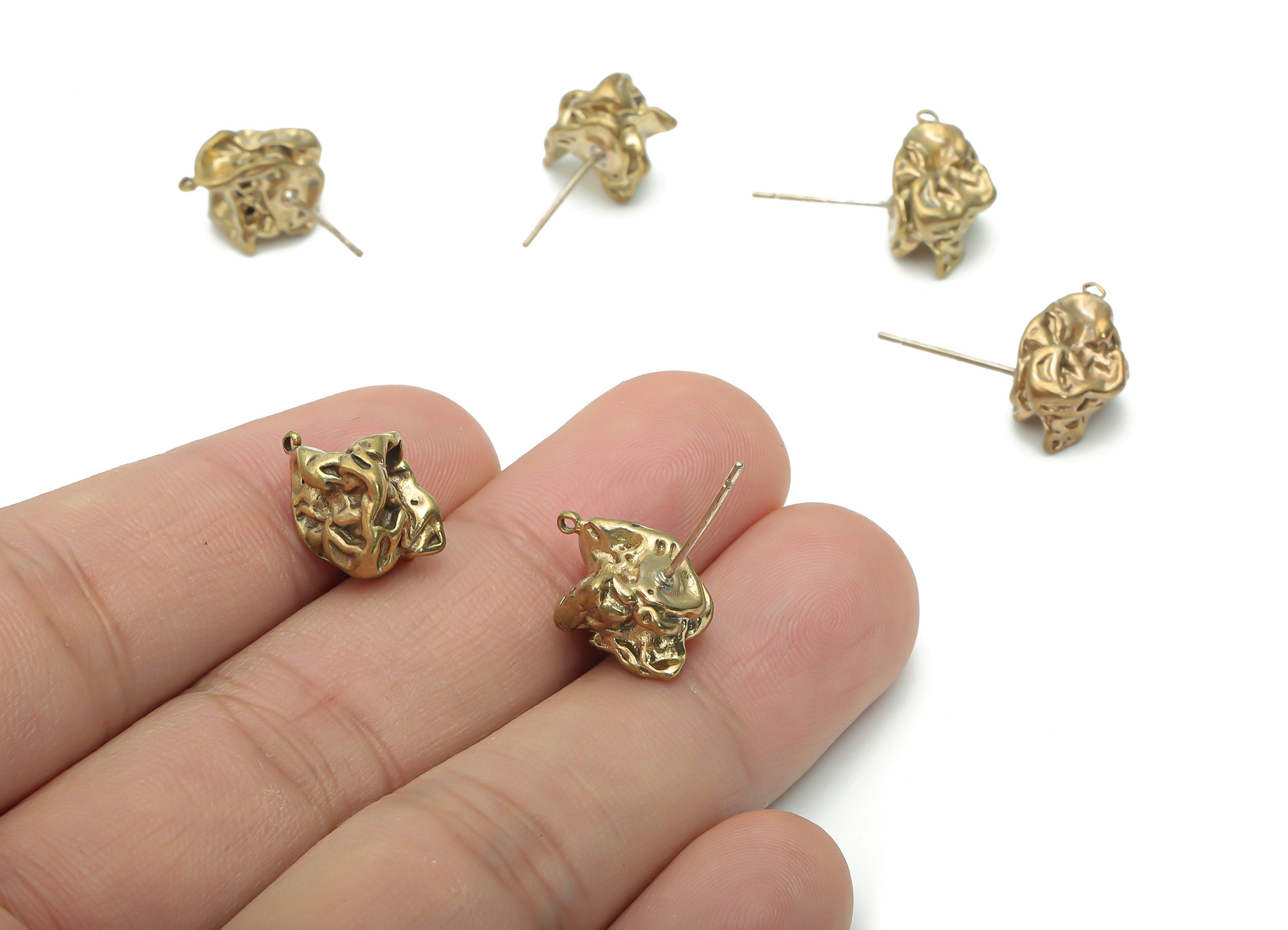 Brass Hammered Irregular Earring Stud With Loop - Raw Brass Irregular Earring Post - Silver Plated Brass Stud - 11.8x9x9mm - PP5104 - DOMEDBAZAAR