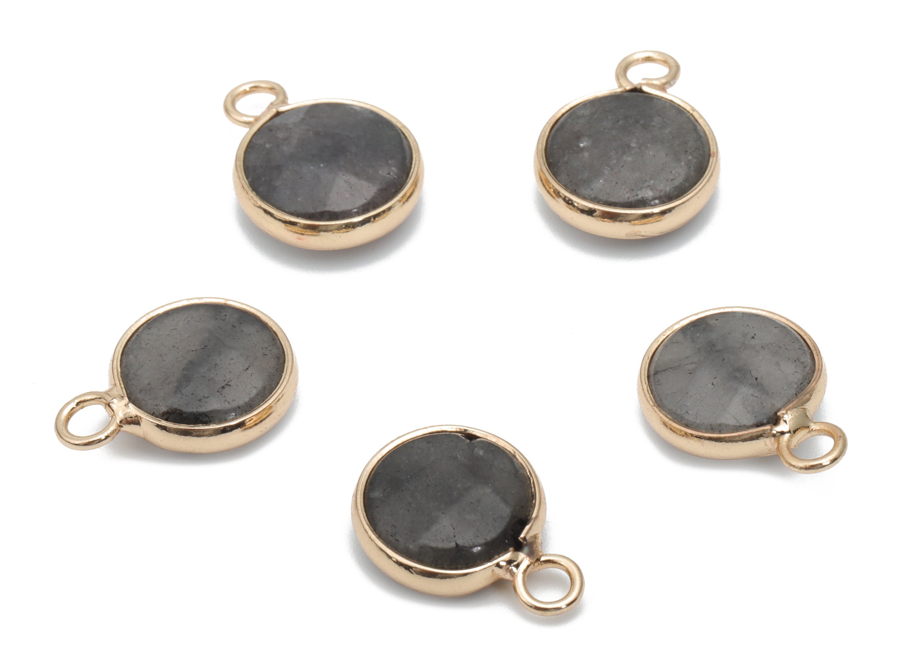 Light Black Rough Stone Round Earring Charms - Brass Circle Pendant - Faceted Stone - Gold Tone Plated Brass – 15.78x11.69x5.87mm – NS1597B - DOMEDBAZAAR