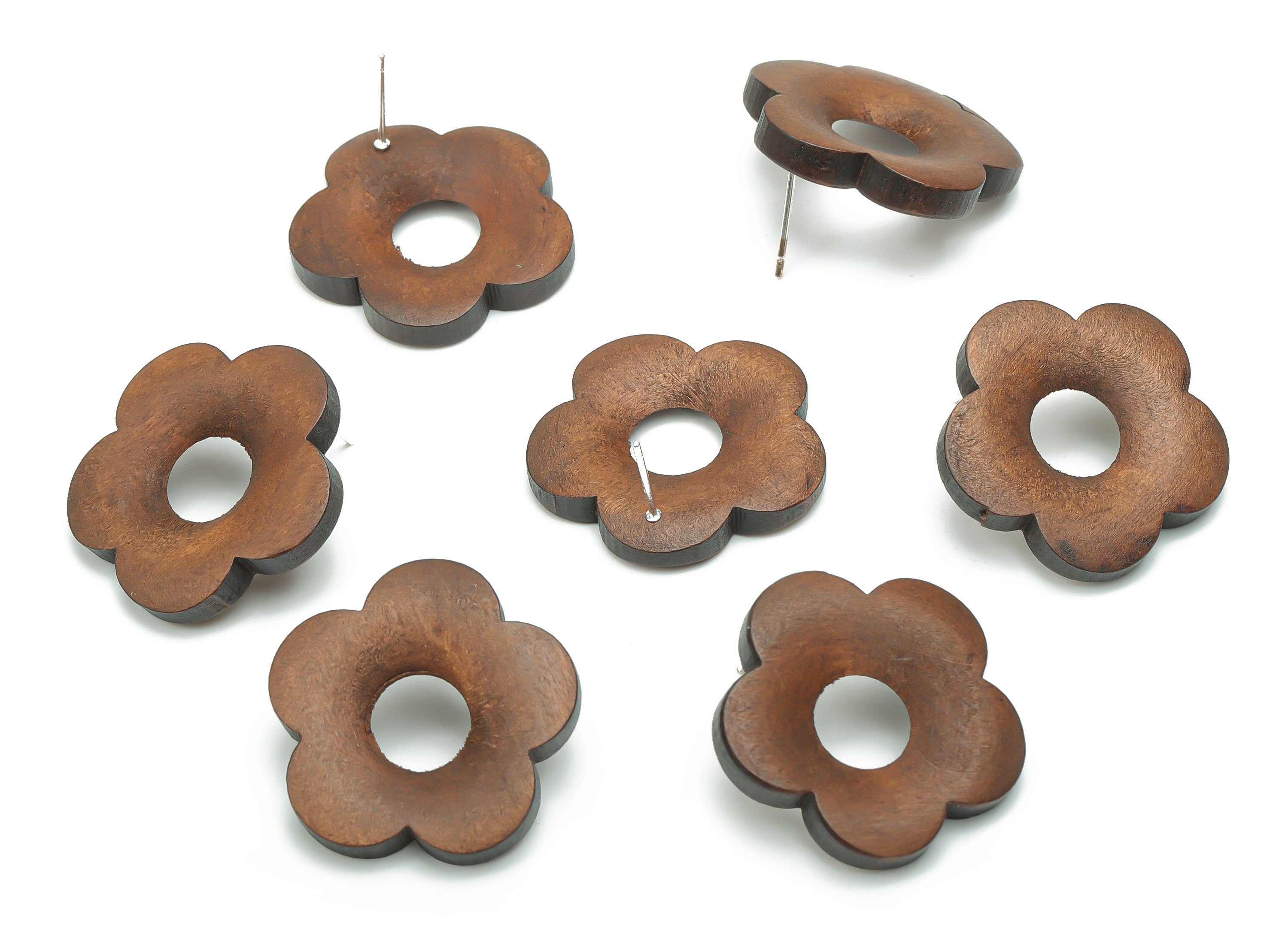 Guger Tree Wood Flower Earring Stud - Guger Tree Wood Flower Post - Silver Plated Brass Stud - Jewelry Supplies - 26.79x26.79x4.2mm - BB1159 - DOMEDBAZAAR