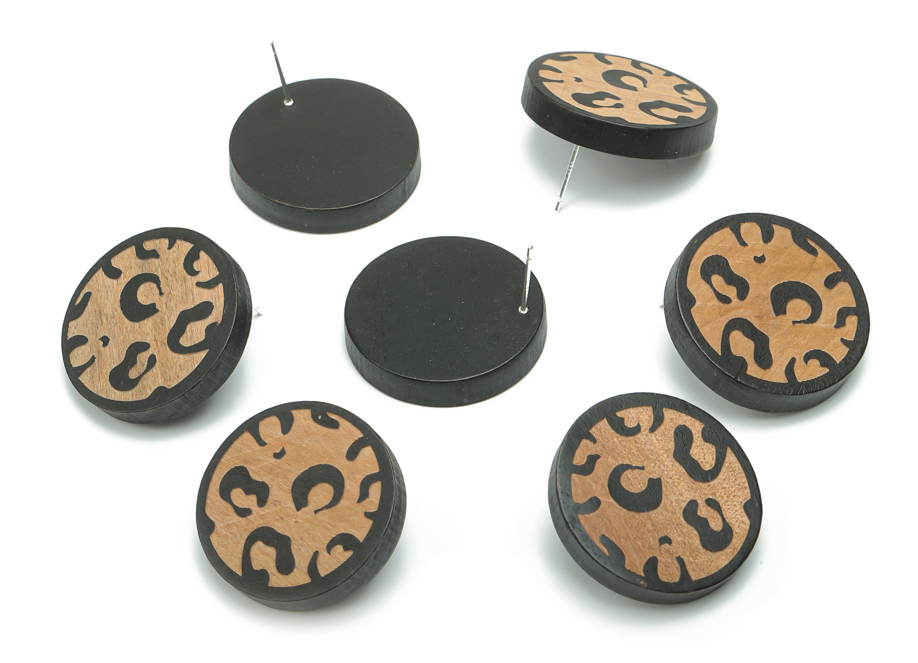 Guger Tree Wood Round Earring Stud - Guger Tree Wood Circle Post - Silver Plated Brass Stud - Jewelry Supplies - 27.83x27.83x4.95mm - BB1160 - DOMEDBAZAAR