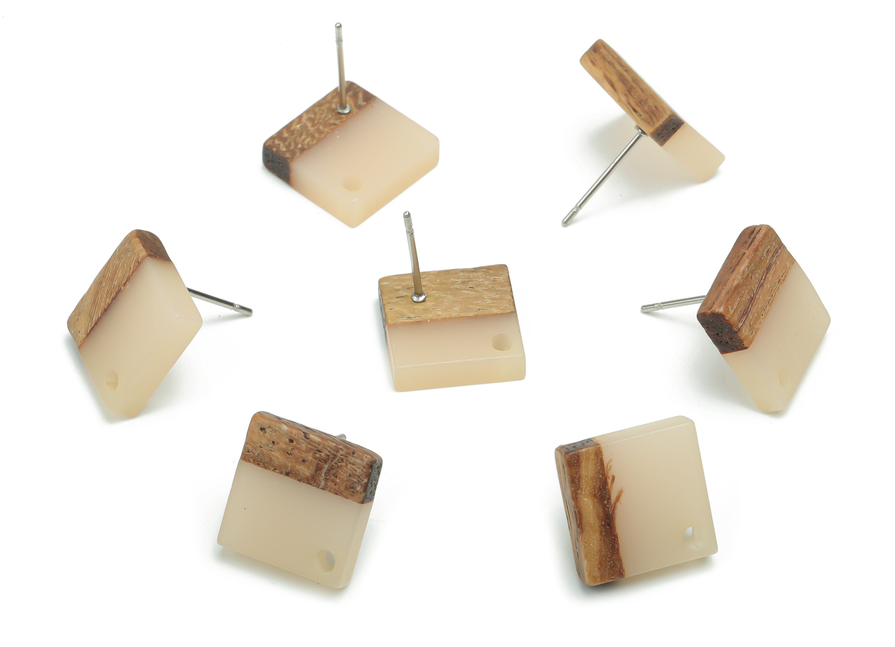 Natural Wood Square Earring Stud - Resin Square Post - 316 Surgical Stainless Steel - Jewelry Making Supplies - 11.96x11.88x3.52mm - BB1164E - DOMEDBAZAAR