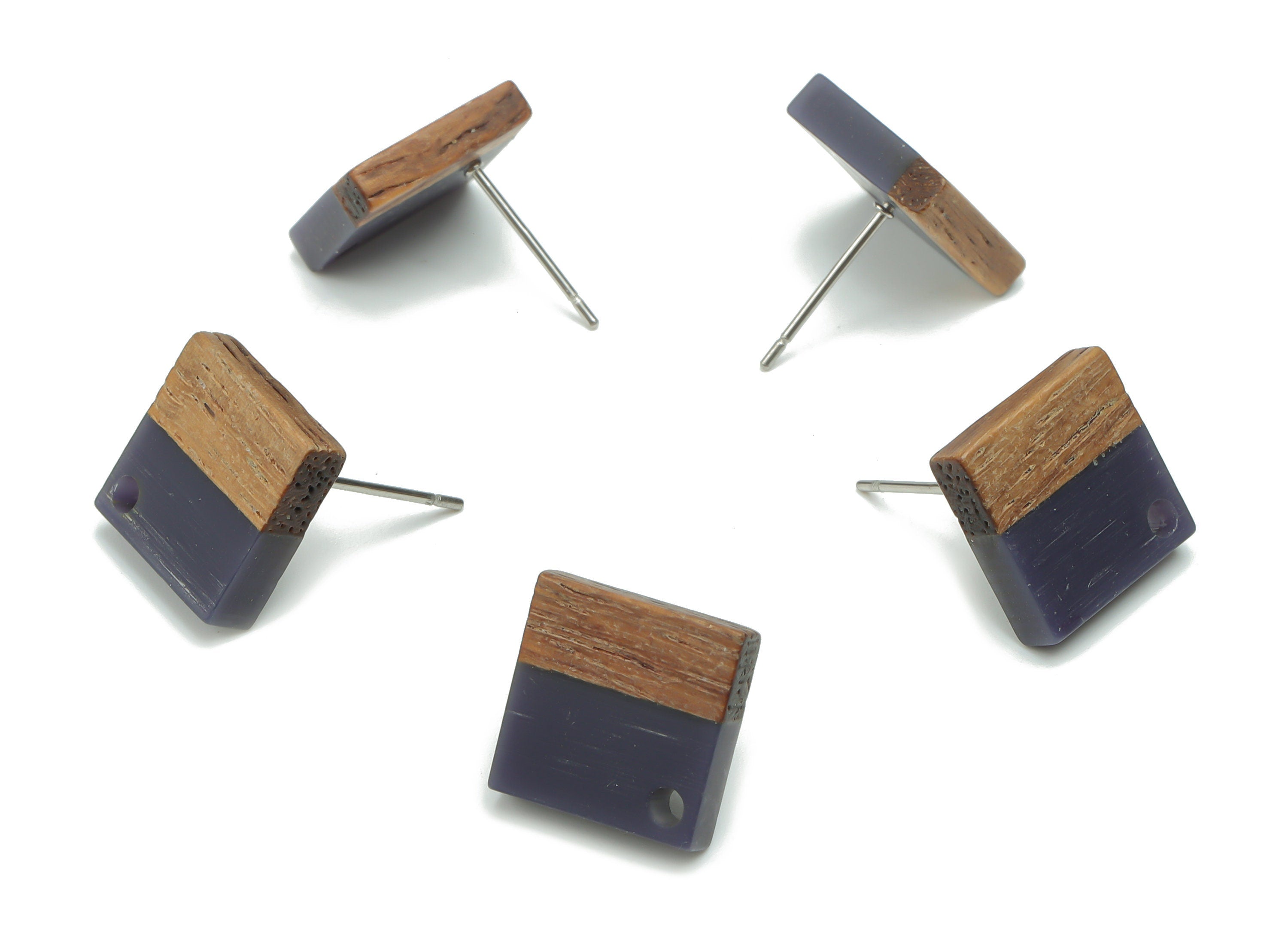 Natural Wood Square Earring Stud - Resin Square Post - 316 Surgical Stainless Steel - Jewelry Making Supplies - 11.96x11.88x3.52mm - BB1164A - DOMEDBAZAAR