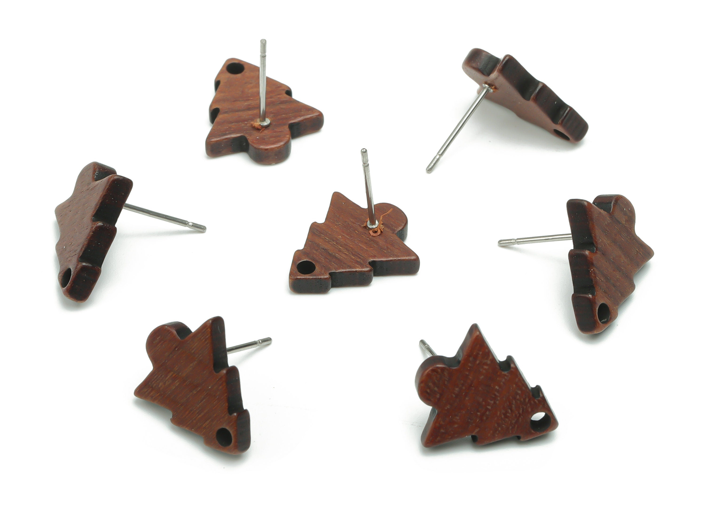Natural Wood Pine Tree Earring Stud - Tree Earring Post - 316 Surgical Stainless Steel - Jewelry Supplies - 15.46x13.73x2.8mm - BB1173 - DOMEDBAZAAR