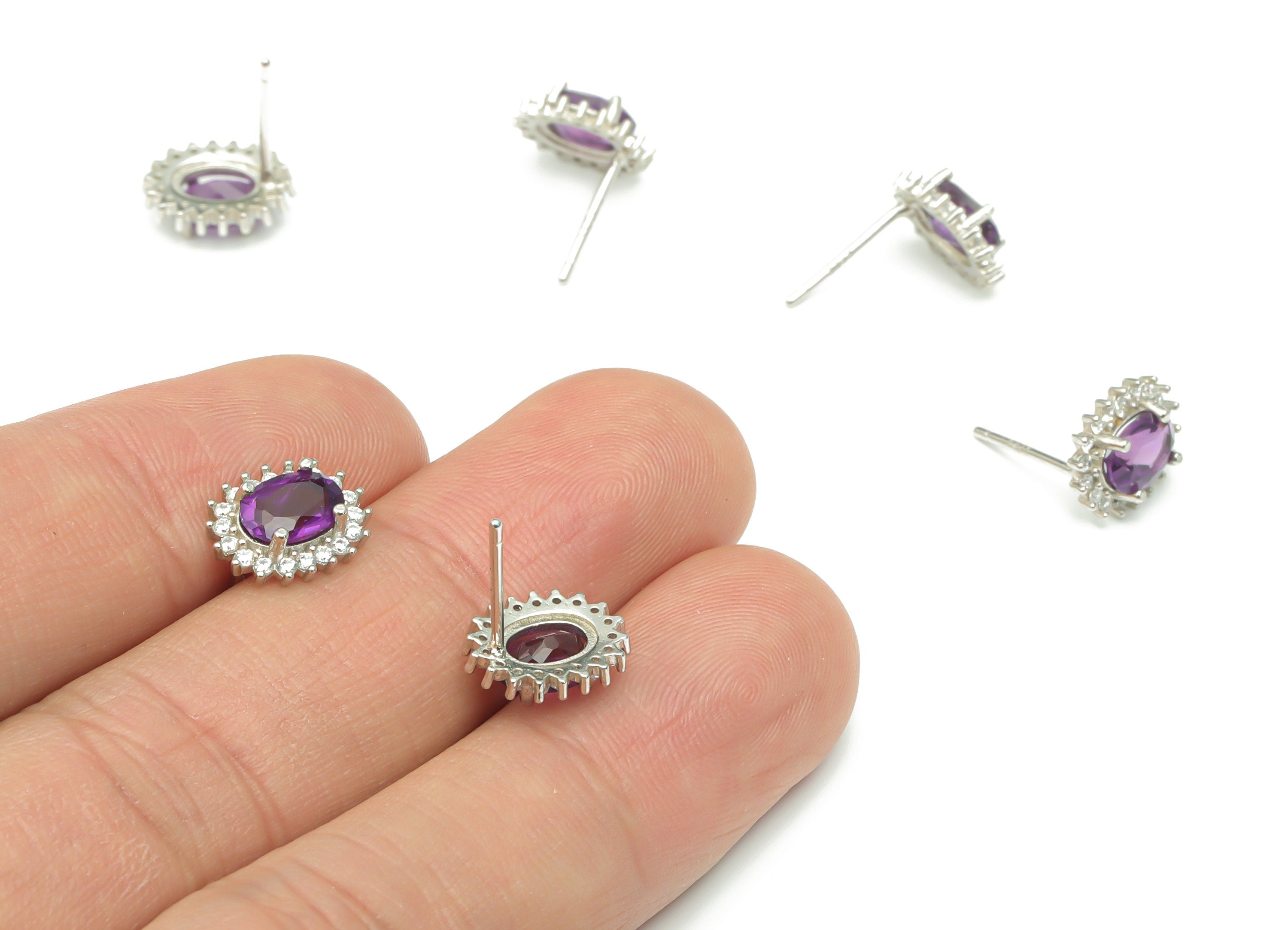 Sterling Silver Amethyst Stud Earrings - Zircon Oval Natural Stone Post - 925 Silver Earrings - Minimalist Style – 11.1x8.9x3.6mm – SI1006C - DOMEDBAZAAR