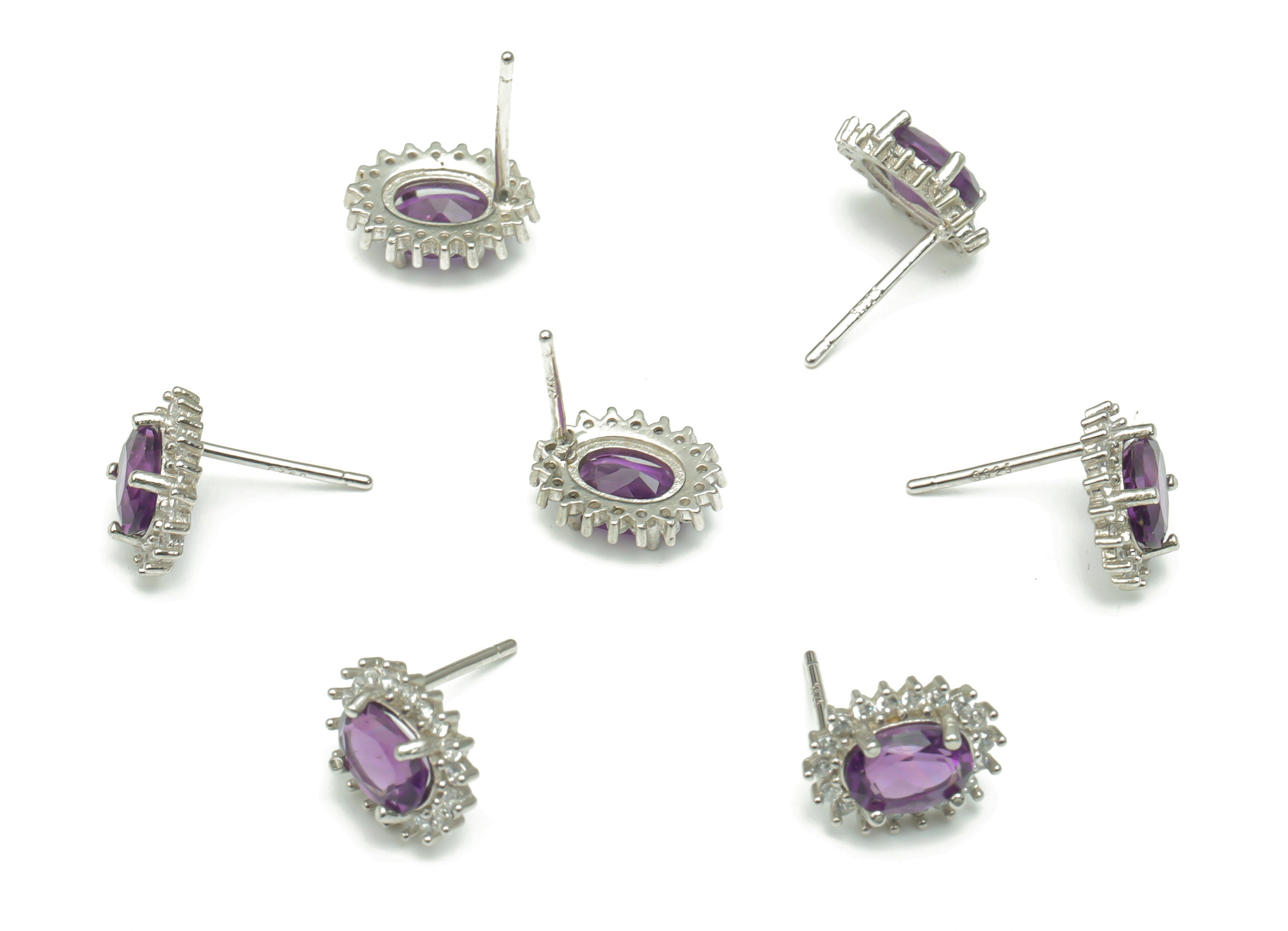 Sterling Silver Amethyst Stud Earrings - Zircon Oval Natural Stone Post - 925 Silver Earrings - Minimalist Style – 11.1x8.9x3.6mm – SI1006C - DOMEDBAZAAR