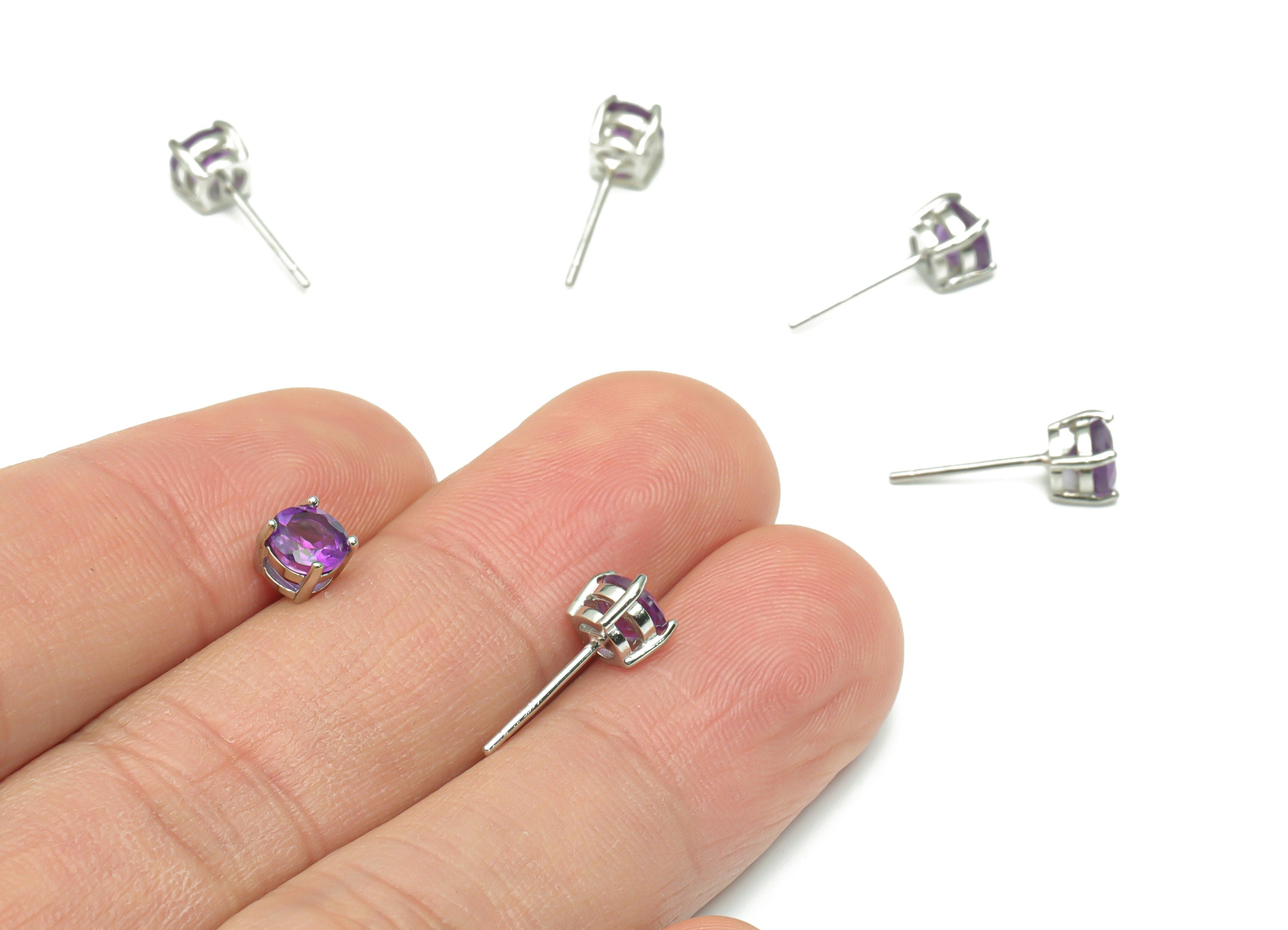Sterling Silver Amethyst Stud Earrings - Mini Circle Natural Stone Post - 925 Silver Earrings - Minimalist Style - 4.97x4.97x4.6mm–SI1008A - DOMEDBAZAAR