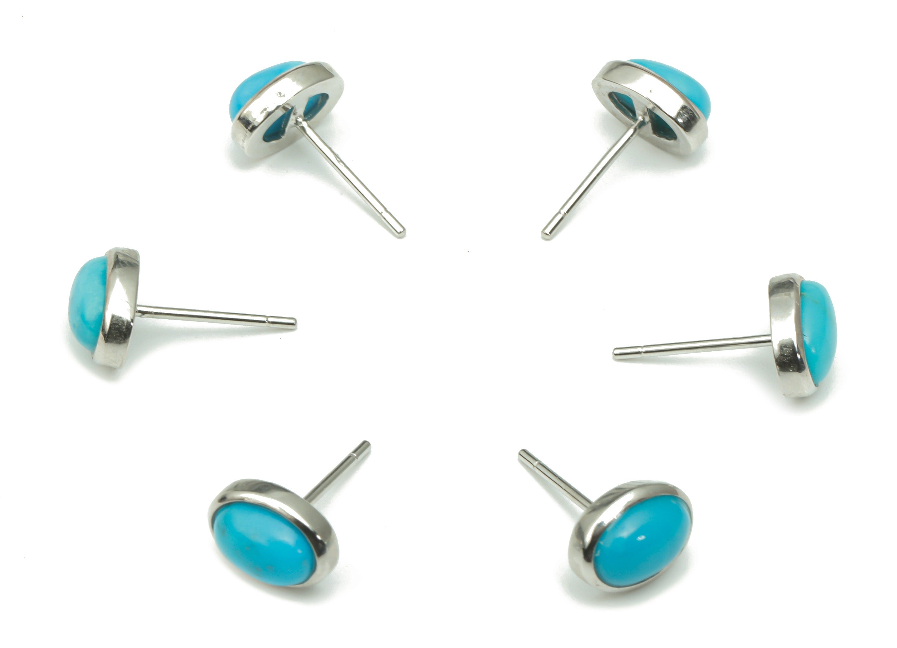 Sterling Silver Blue Turquoise Stud Earrings - Oval Natural Stone Post - 925 Silver Earrings - Minimalist Style - 8.62x6.71x3.85mm – SI1011 - DOMEDBAZAAR