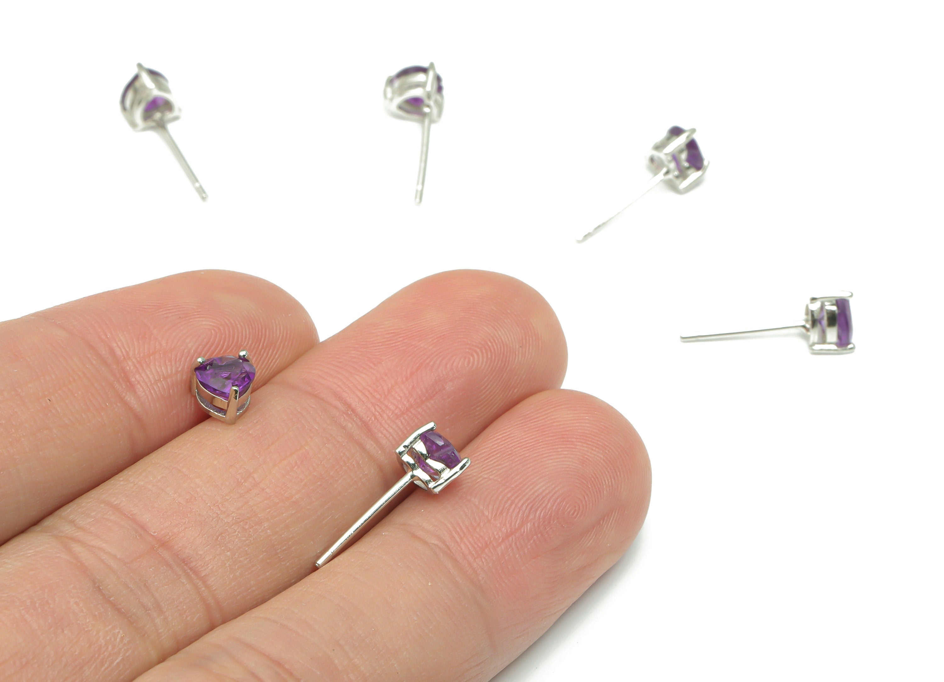 Sterling Silver Amethyst Stud Earrings - Heart Natural Stone Earring Post - 925 Silver Earrings - Minimalist Style - 5.9x5.3x3.9mm – SI1007D - DOMEDBAZAAR