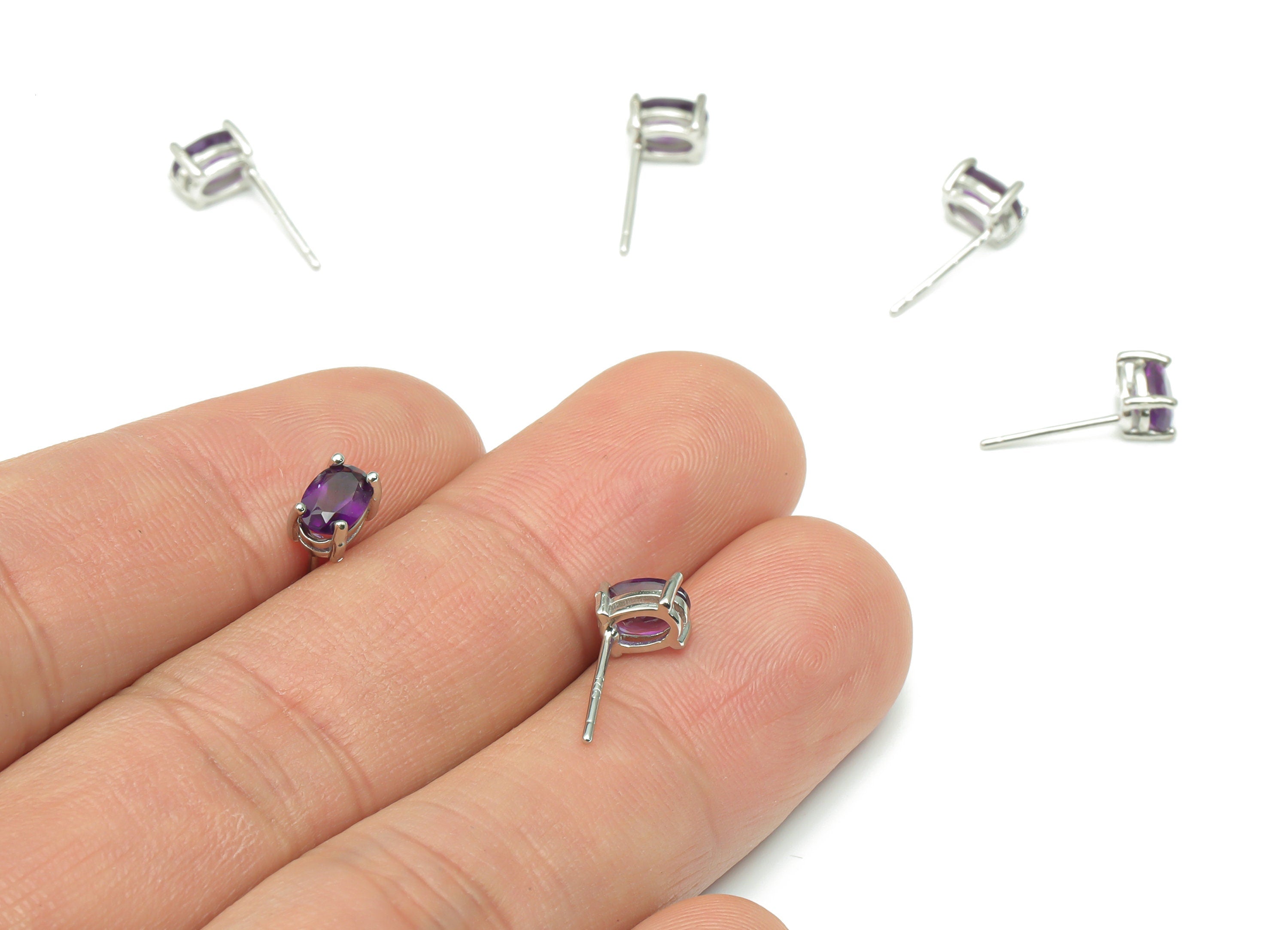 Sterling Silver Amethyst Stud Earrings - Oval Natural Stone Earring Post - 925 Silver Earrings - Minimalist Style - 6.2x4.31x3.3mm – SI1004C - DOMEDBAZAAR