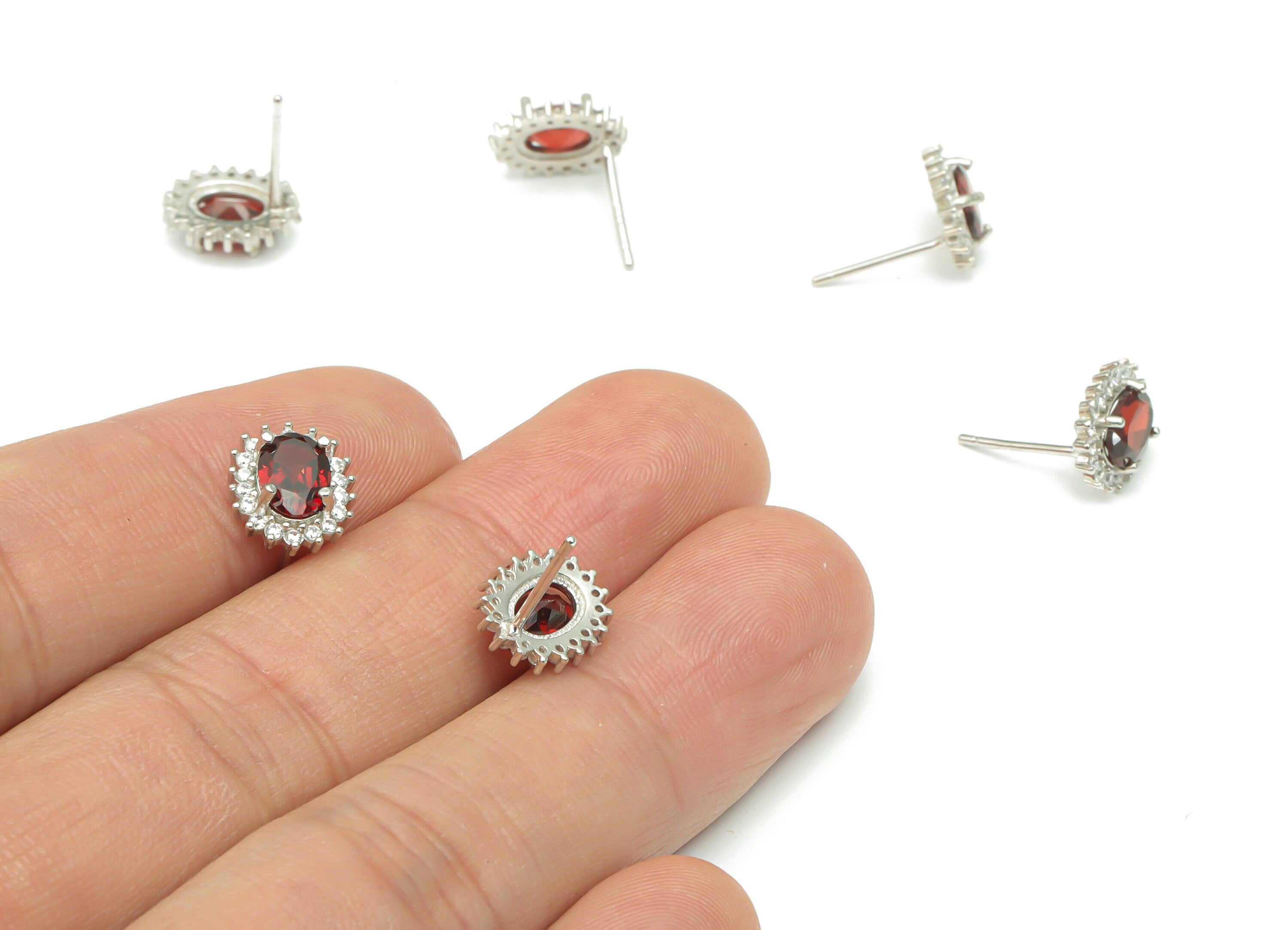 Sterling Silver Garnet Stud Earrings - Zircon Oval Natural Stone Post - 925 Silver Earrings - Minimalist Style – 11.1x8.9x3.6mm – SI1006E - DOMEDBAZAAR