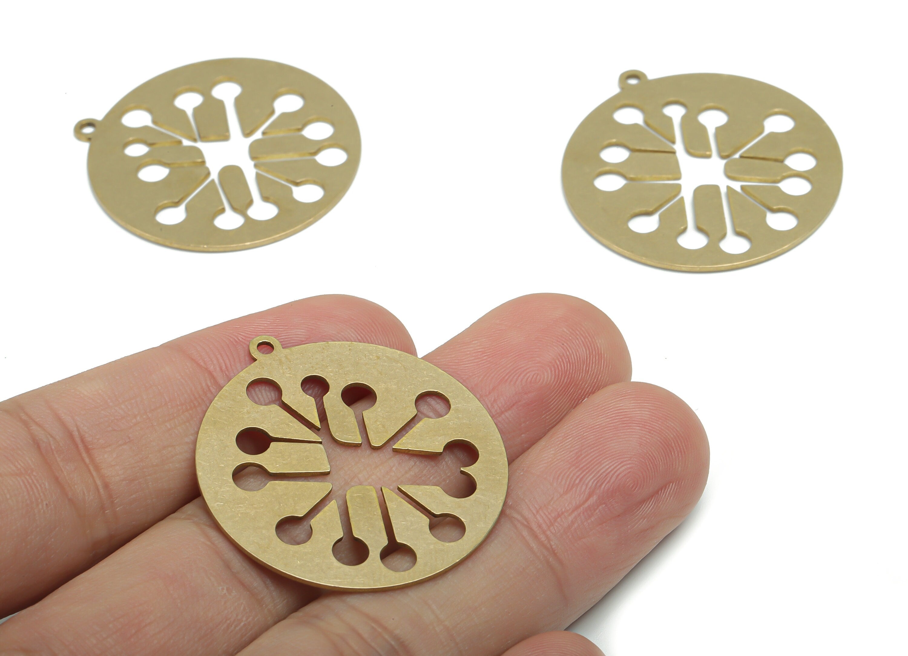 Brass Round Flower Earring Charms - Raw Brass Flower Circle Pendant - Jewelry Making Supplies - 34.73x32.2x0.76mm - PPA2020 - DOMEDBAZAAR
