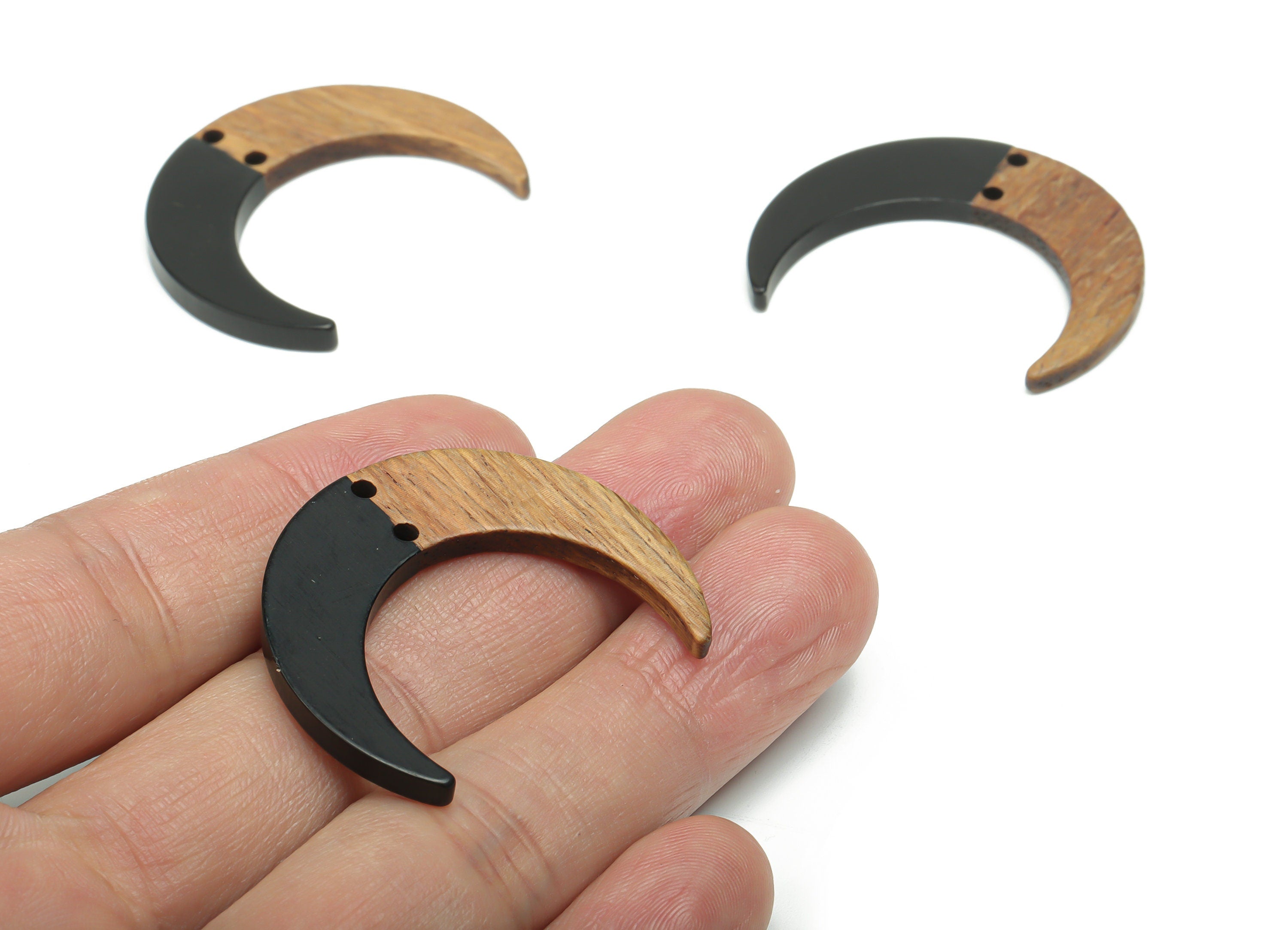 Natural Wooden Crescent Earring Connectors - Resin Moon Charms and Pendant - DIY Jewelry Making Supplies - 38.11x30.79x3.09mm - BB1174A - DOMEDBAZAAR