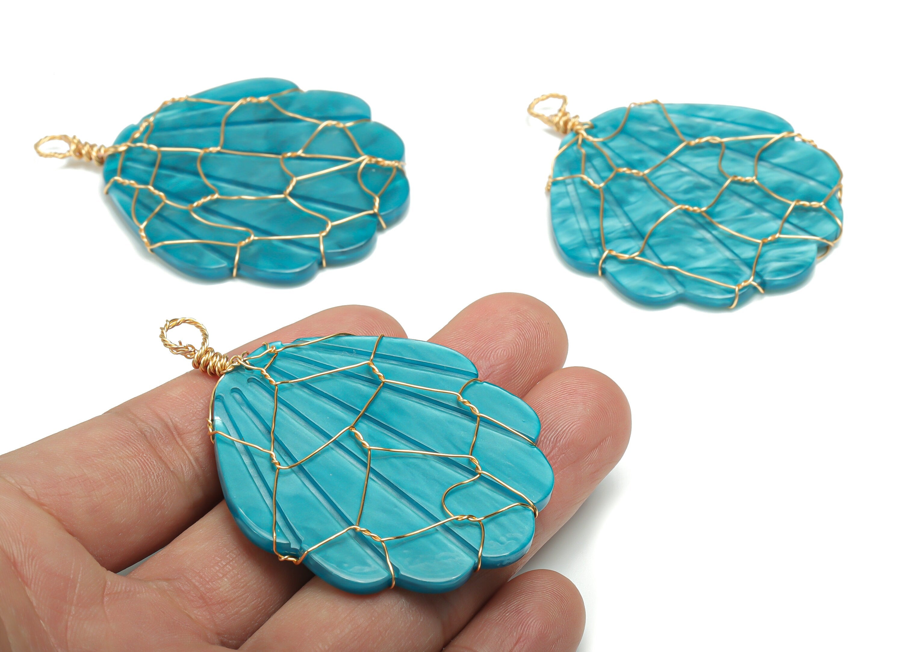 Acrylic Shell Earring Charms - Brass Wire Shell Pendant - Gold Brass Wire - Wire Wrapped - Color Code: A794 - 50.1x47.9x2.4mm - AC2414-A794 - DOMEDBAZAAR