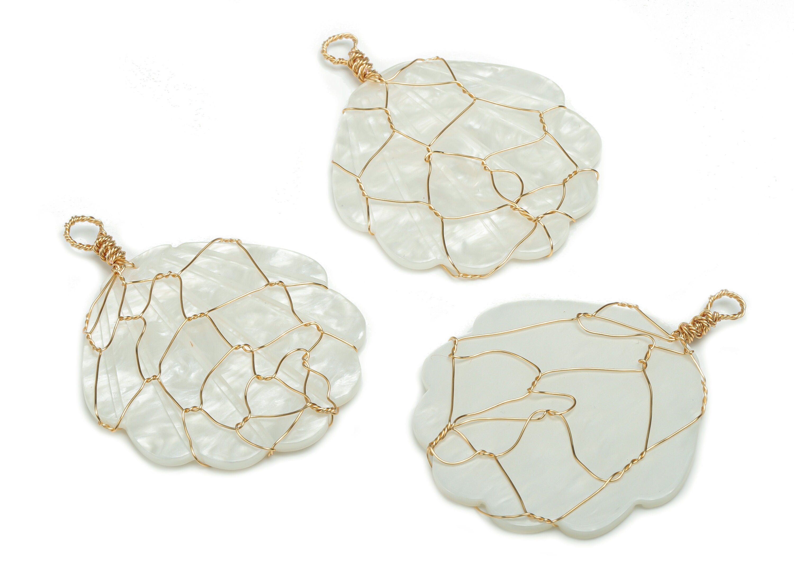 Acrylic Shell Earring Charms - Brass Wire Shell Pendant - Gold Brass Wire - Wire Wrapped - Color Code: A795 - 50.2x47.99x2.2mm -AC2414-A795 - DOMEDBAZAAR