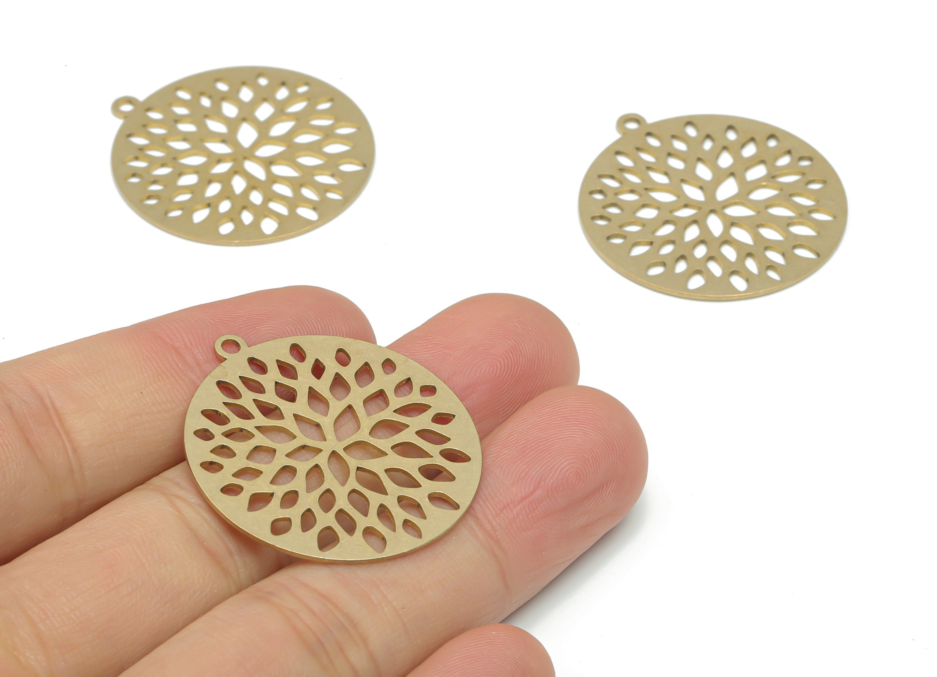 Brass Bubble Round Earring Charms - Raw Brass Flower Circle Pendant - DIY Jewelry Making Supplies - 34.84x31.99x0.64mm - PPA2656 - DOMEDBAZAAR