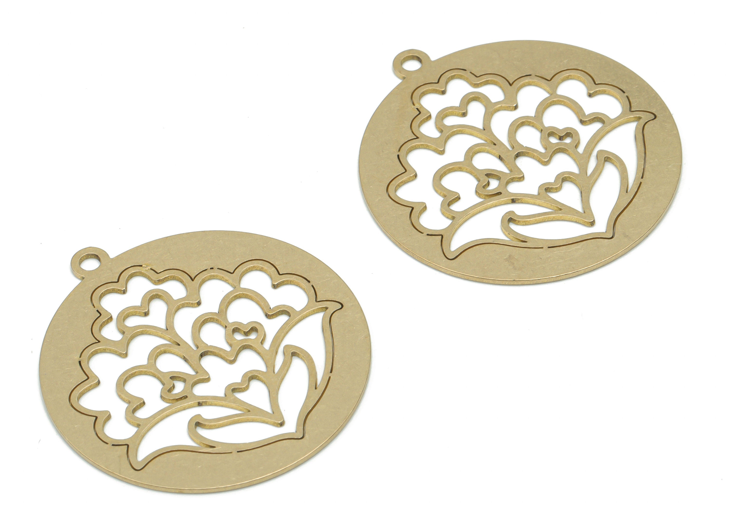 Brass Round Botanical Flower Earring Charms - Raw Brass Flower Circle Pendant - DIY Jewelry Making Supplies - 34.88x31.78x0.65mm - PPA2638 - DOMEDBAZAAR