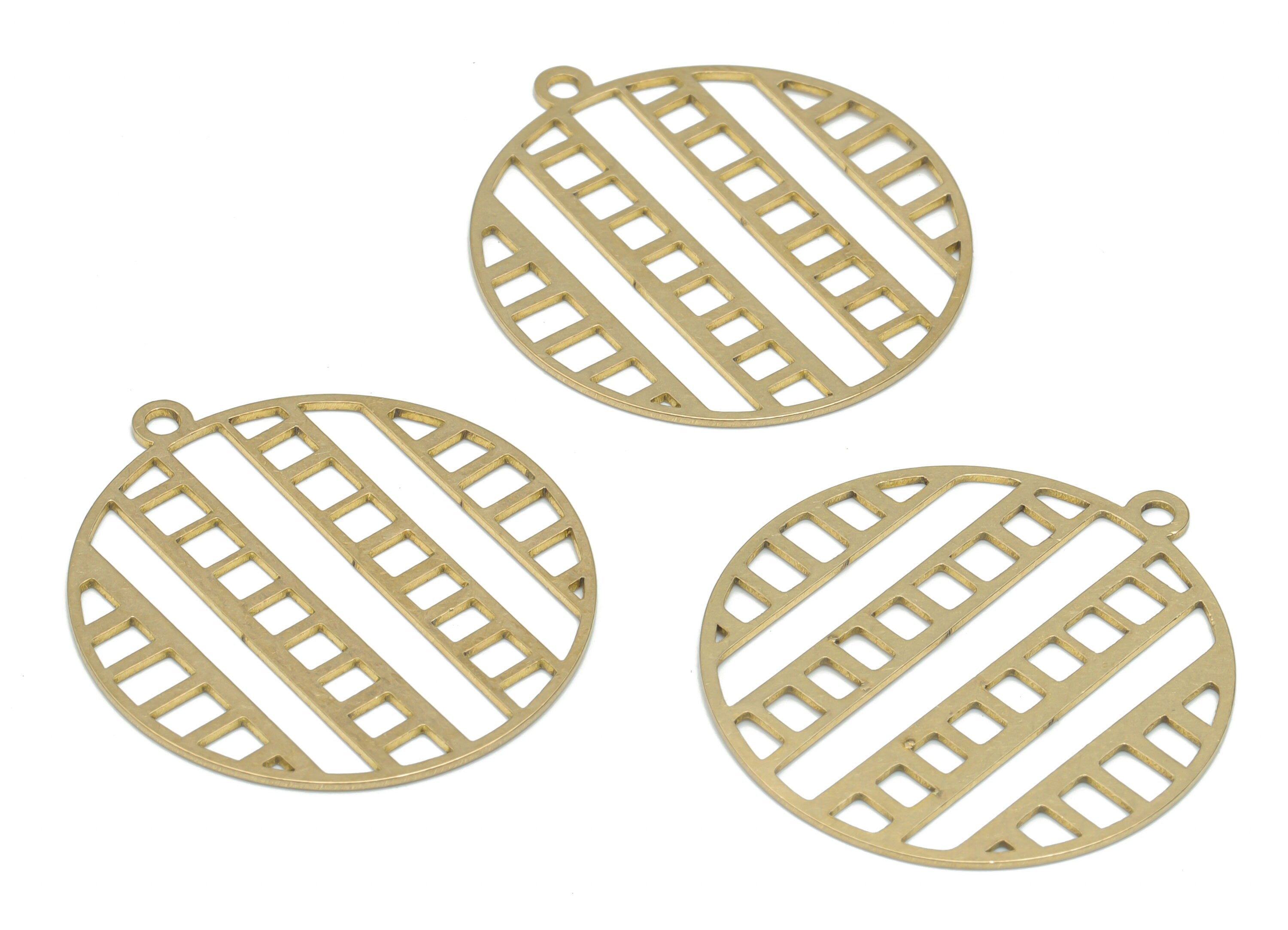 Brass Stripes Round Ladder Earring Charms - Raw Brass Lattice Circle Pendant - DIY Jewelry Making Supplies - 34.87x31.73x0.66mm - PPA2681 - DOMEDBAZAAR