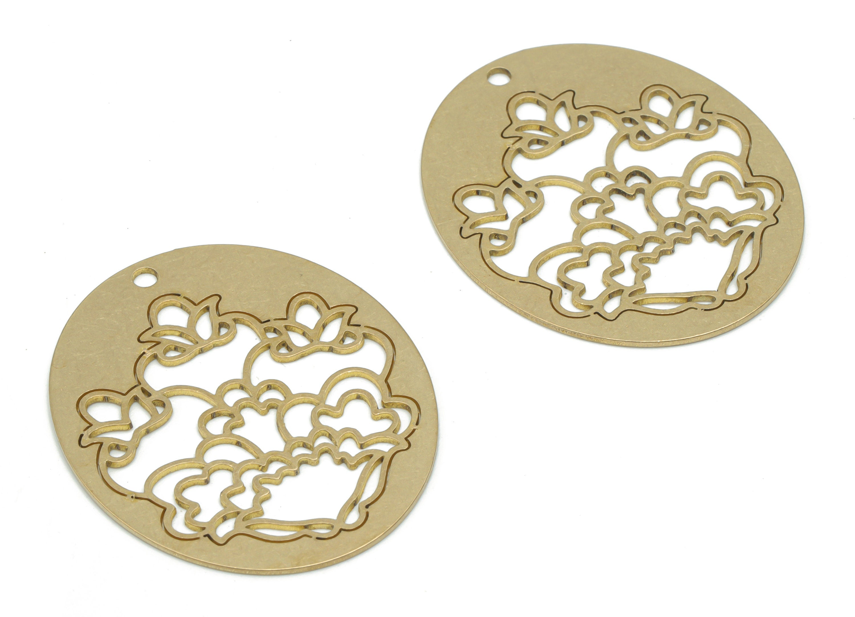 Brass Oval Flower Earring Charms - Raw Brass Flower Oval Pendant - DIY Jewelry Making Supplies - 35.85x29.45x0.71mm - PPA2647 - DOMEDBAZAAR