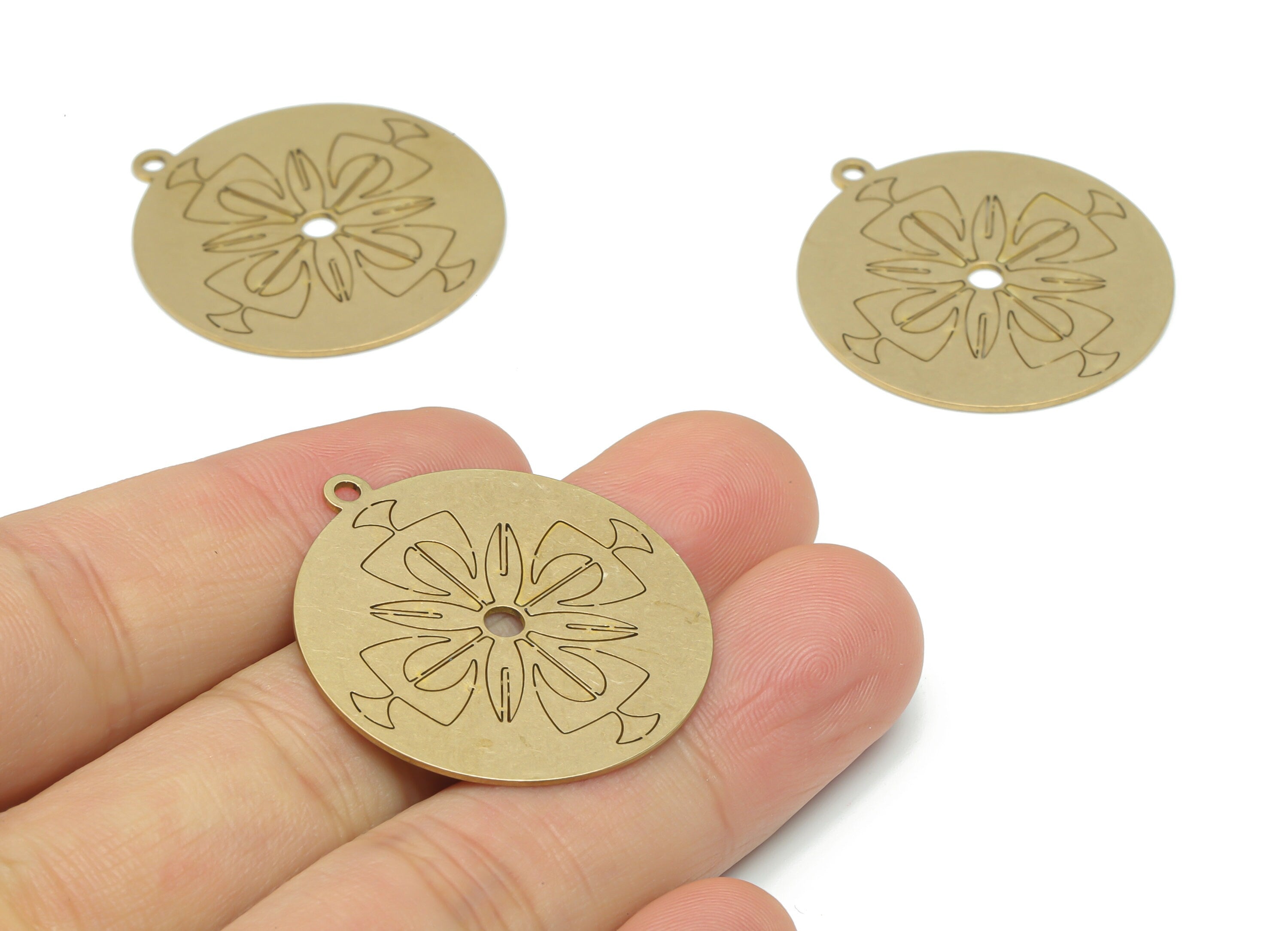 Brass Round Flower Earring Charms - Raw Brass Flower Circle Pendant - DIY Jewelry Making Supplies - 34.87x31.91x0.64mm - PPA2580 - DOMEDBAZAAR