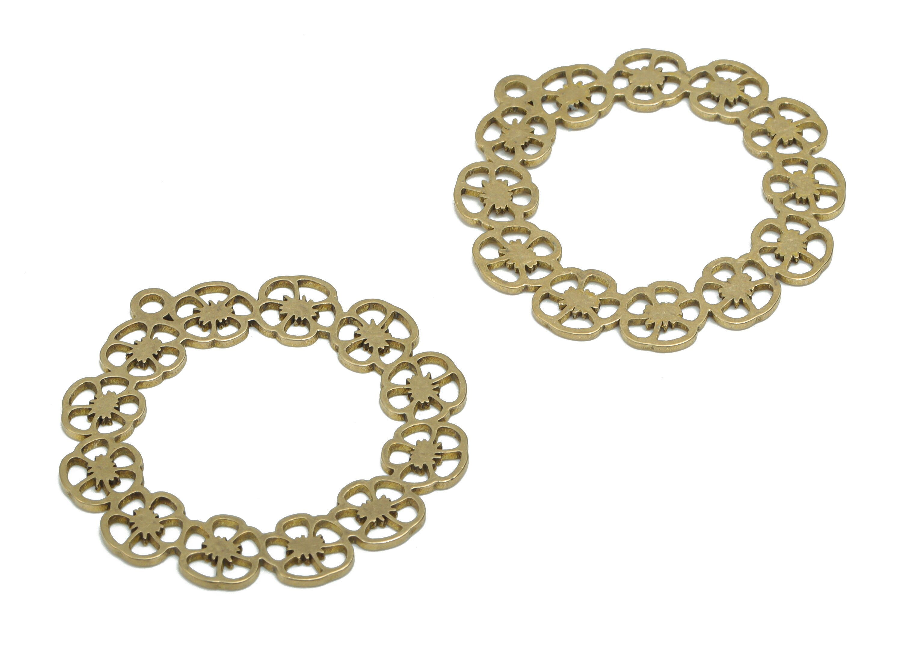 Brass Round Flowers Earring Charms - Raw Brass Branch Hoop Circle Pendant - Jewelry Making Supplies - 34.82x33.53x0.92mm - PPA2048 - DOMEDBAZAAR