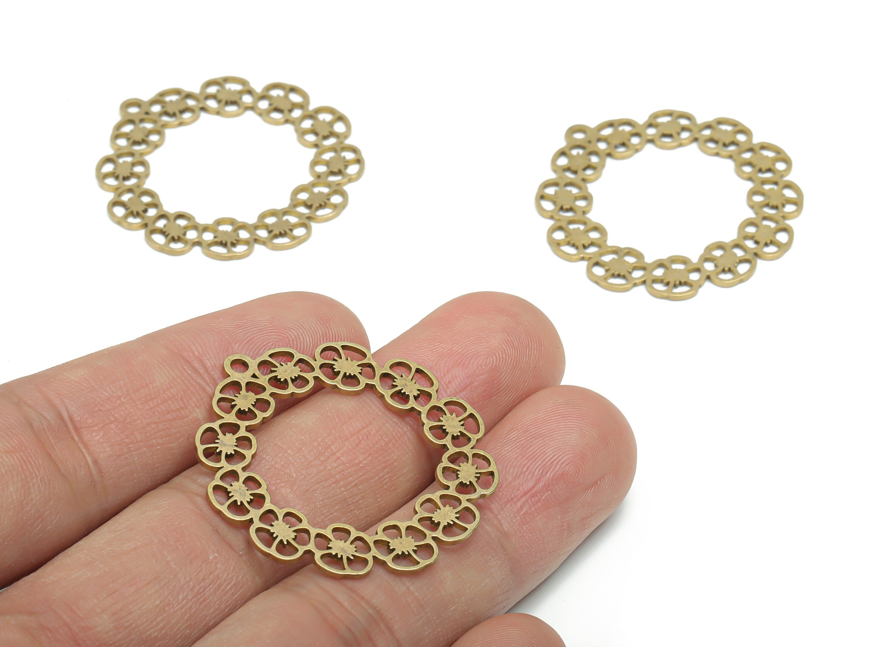 Brass Round Flowers Earring Charms - Raw Brass Branch Hoop Circle Pendant - Jewelry Making Supplies - 34.82x33.53x0.92mm - PPA2048 - DOMEDBAZAAR