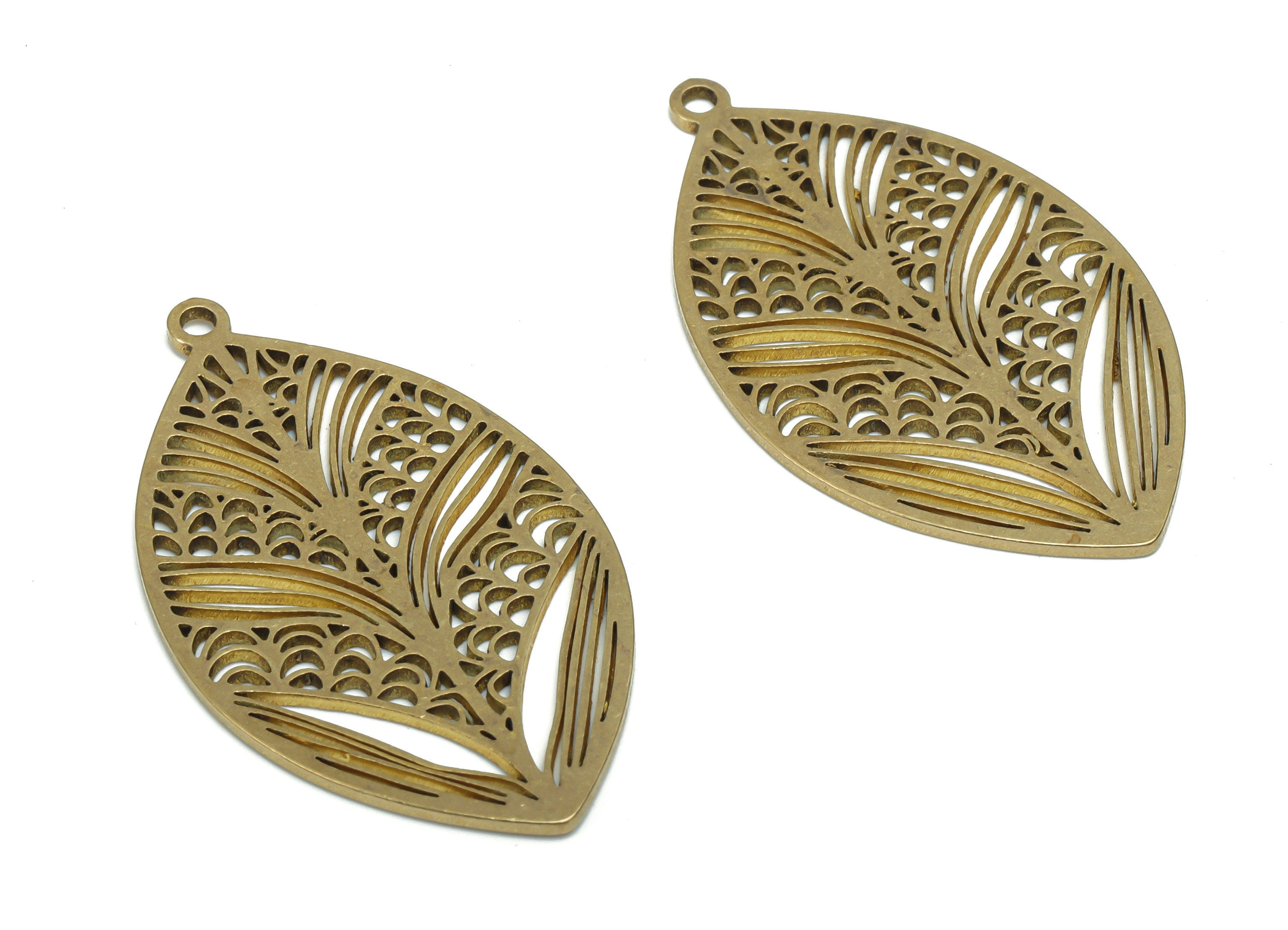 Brass Oval Leaf Earring Charms - Raw Brass Semicircle Oval Pendant - Jewelry Making Supplies - 37.85x21.72x0.87mm - PPA2093 - DOMEDBAZAAR