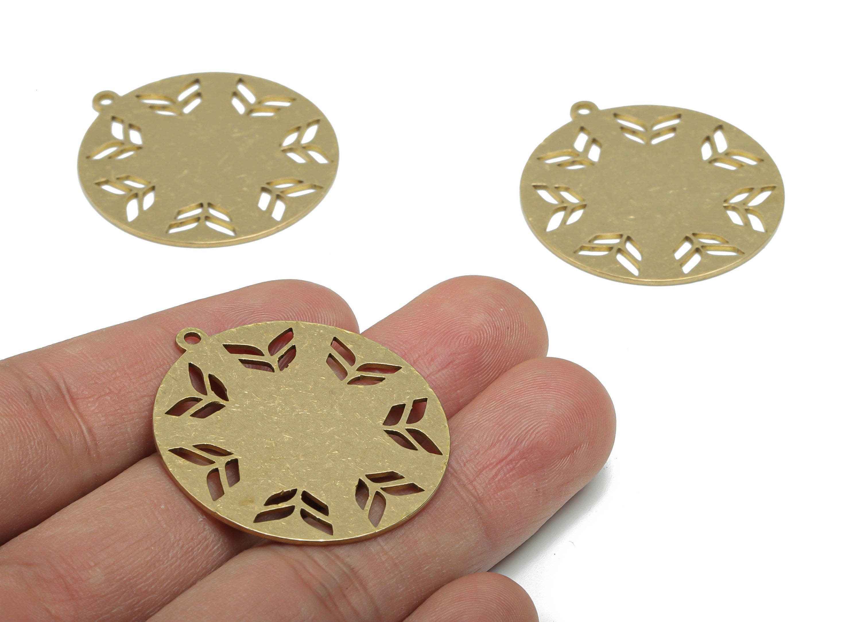 Brass Round Leaves Earring Charms - Raw Brass Leafs Circle Pendant - Jewelry Making Supplies - 37.84x34.88x0.87mm - PPA1436 - DOMEDBAZAAR