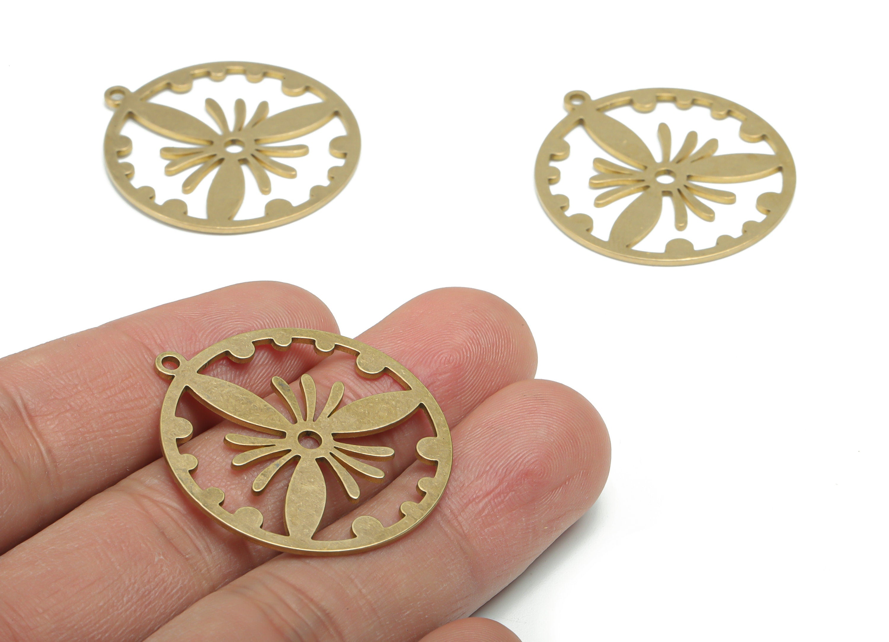 Brass Round Moth Earring Charms - Raw Brass Flower Moth Circle Pendant - Jewelry Making Supplies - 34.77x31.65x0.88mm - PPA1965 - DOMEDBAZAAR