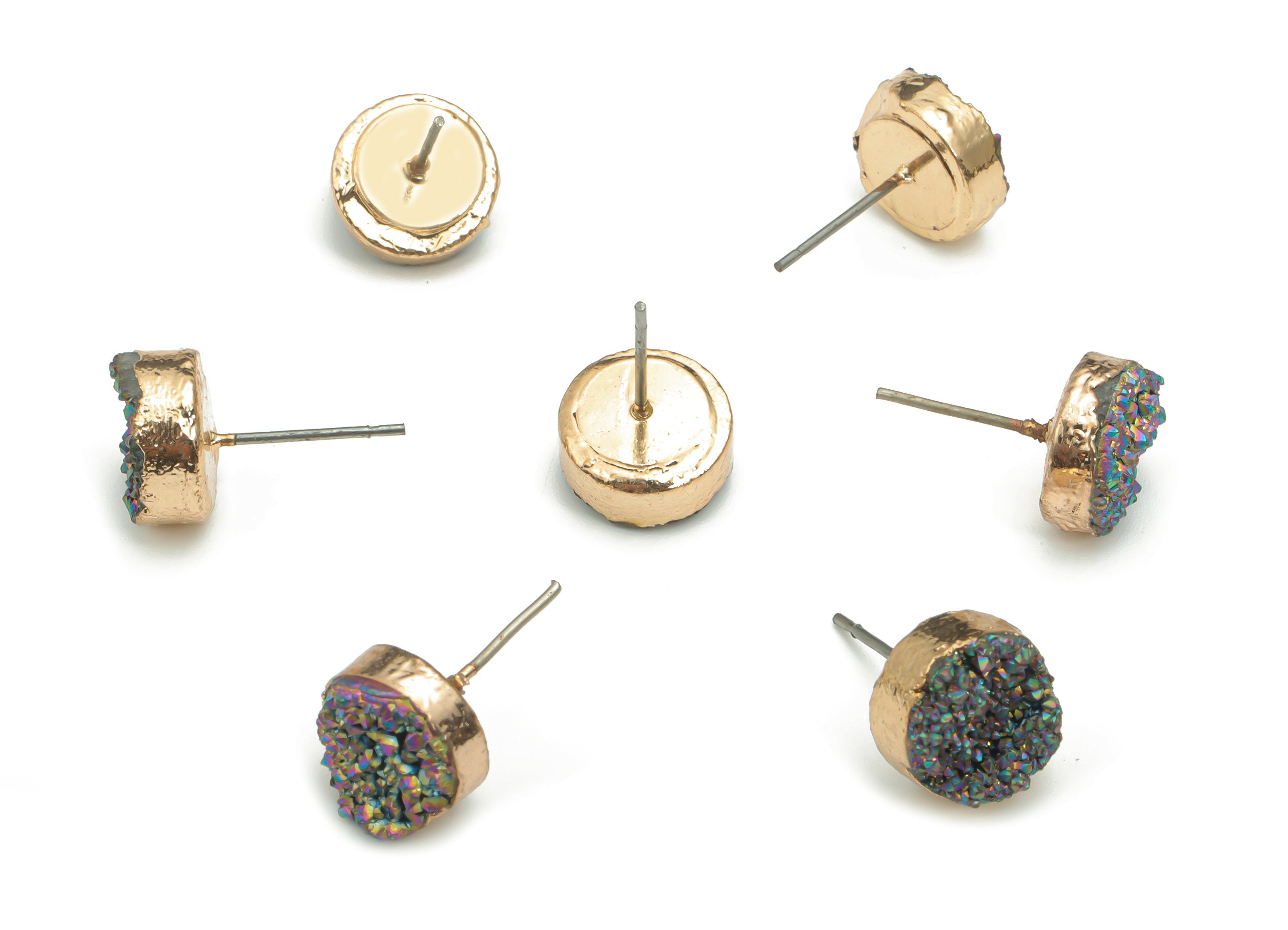 Silver Druzy Aura Quartz Natural Stone Stud - Brass Round Post - Gold Tone Plated Brass – Stainless Steel Stud - 10.14x10.14x5.9mm–NS1629E - DOMEDBAZAAR