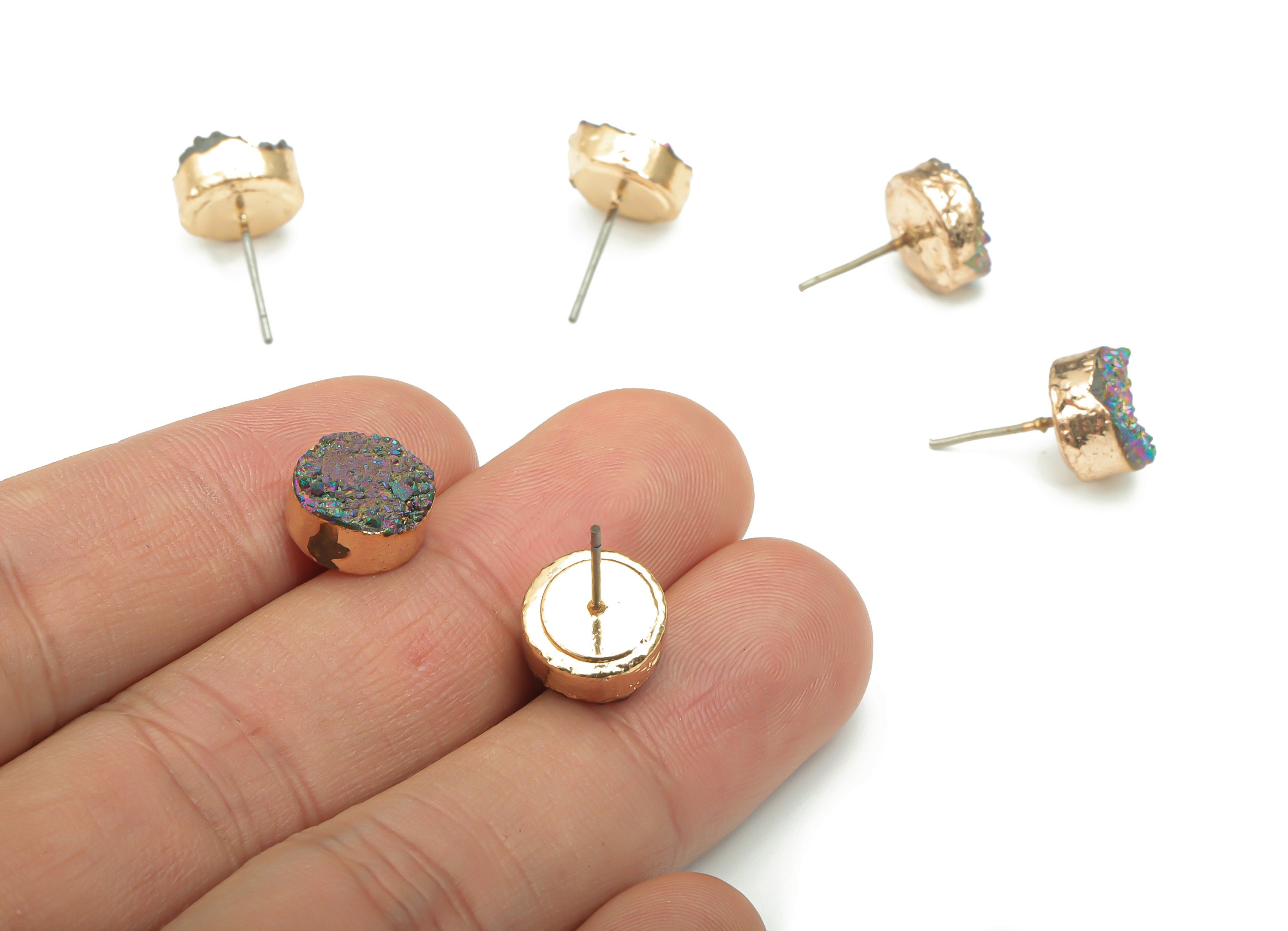 Silver Druzy Aura Quartz Natural Stone Stud - Brass Round Post - Gold Tone Plated Brass – Stainless Steel Stud - 10.14x10.14x5.9mm–NS1629E - DOMEDBAZAAR