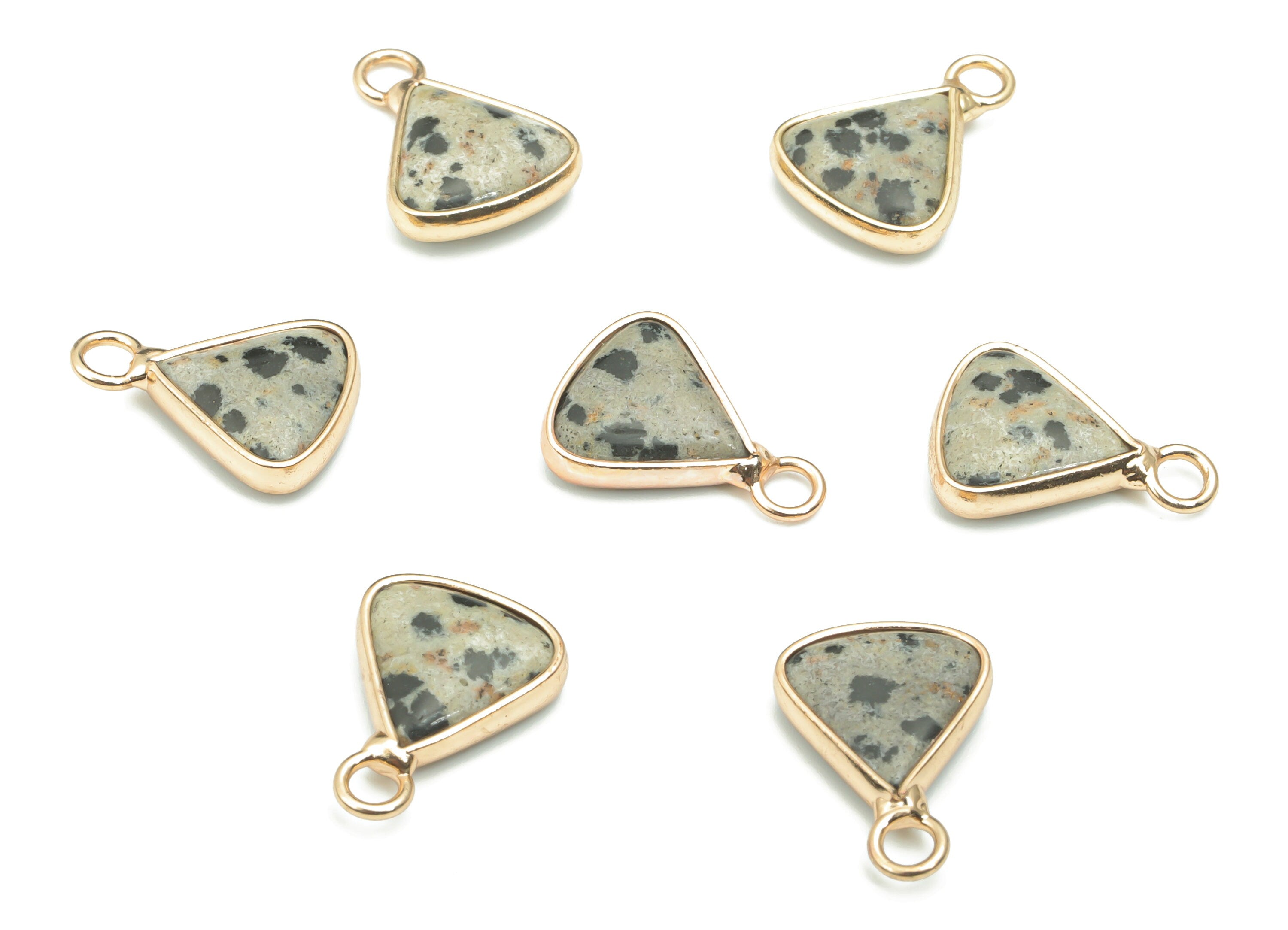 Dalmatian Jasper Stone Triangle Earring Charms - Brass Triangle Pendant - Natural Stone - Gold Tone Plated Brass – 15.96x11.41x4mm – NS1656B - DOMEDBAZAAR
