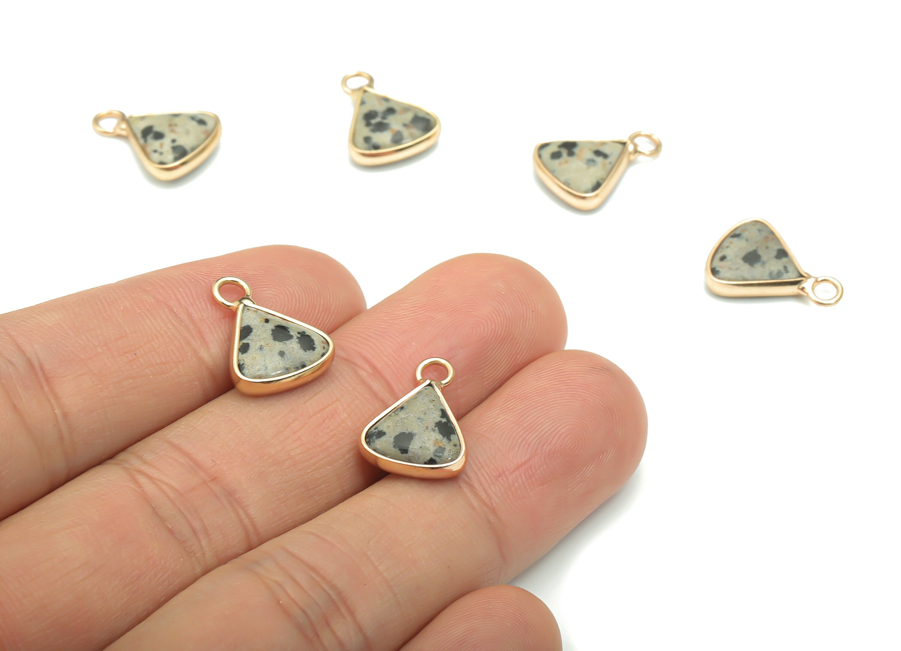 Dalmatian Jasper Stone Triangle Earring Charms - Brass Triangle Pendant - Natural Stone - Gold Tone Plated Brass – 15.96x11.41x4mm – NS1656B - DOMEDBAZAAR