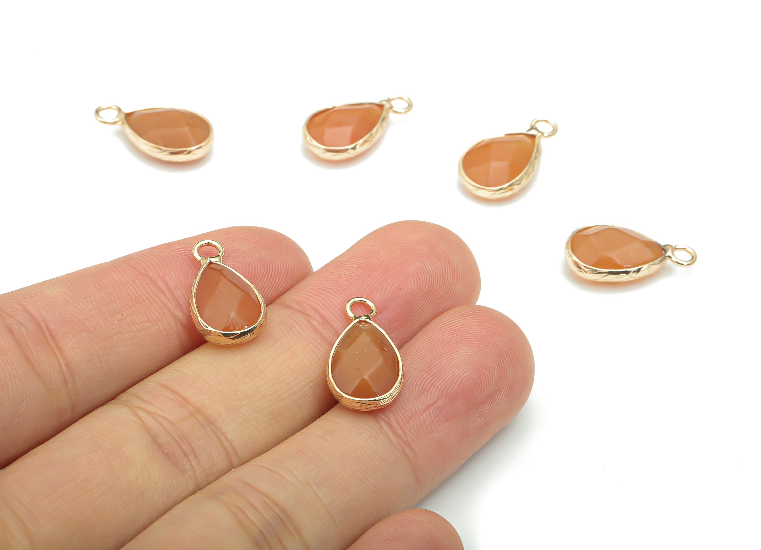 Orange Aventurine Faceted Natural Stone Charms - Brass Teardrop Pendant - Gold Tone Plated Brass – Jewelry Supplies - 17.8x9.5x5mm – NS1626G - DOMEDBAZAAR