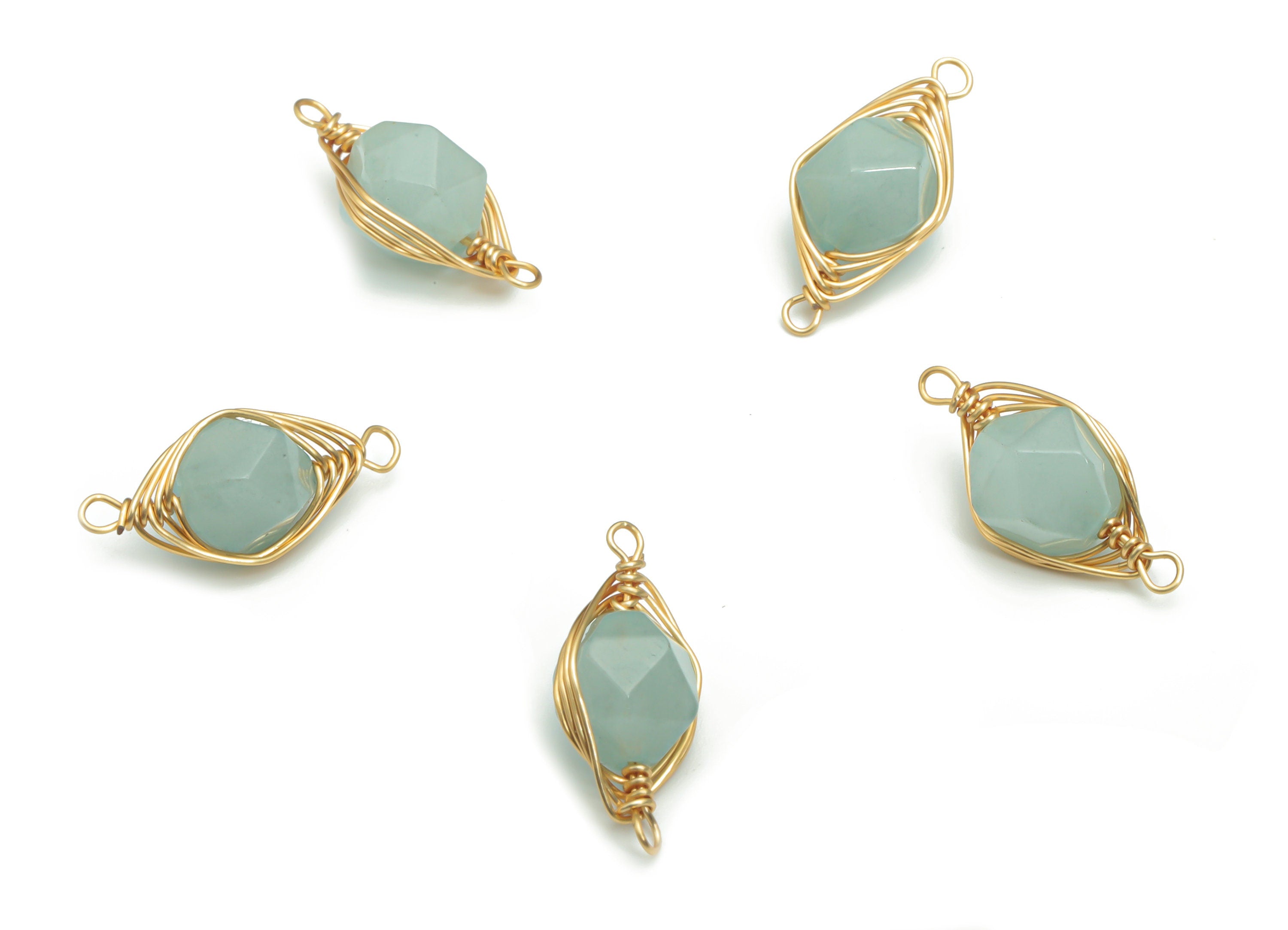 Blue Jade Faceted Natural Stone Earring Connectors - Brass Wire Wrapped Stone Charms - Gold Tone Plated Brass – 17.45x7.9x7.1mm – NS1653E - DOMEDBAZAAR