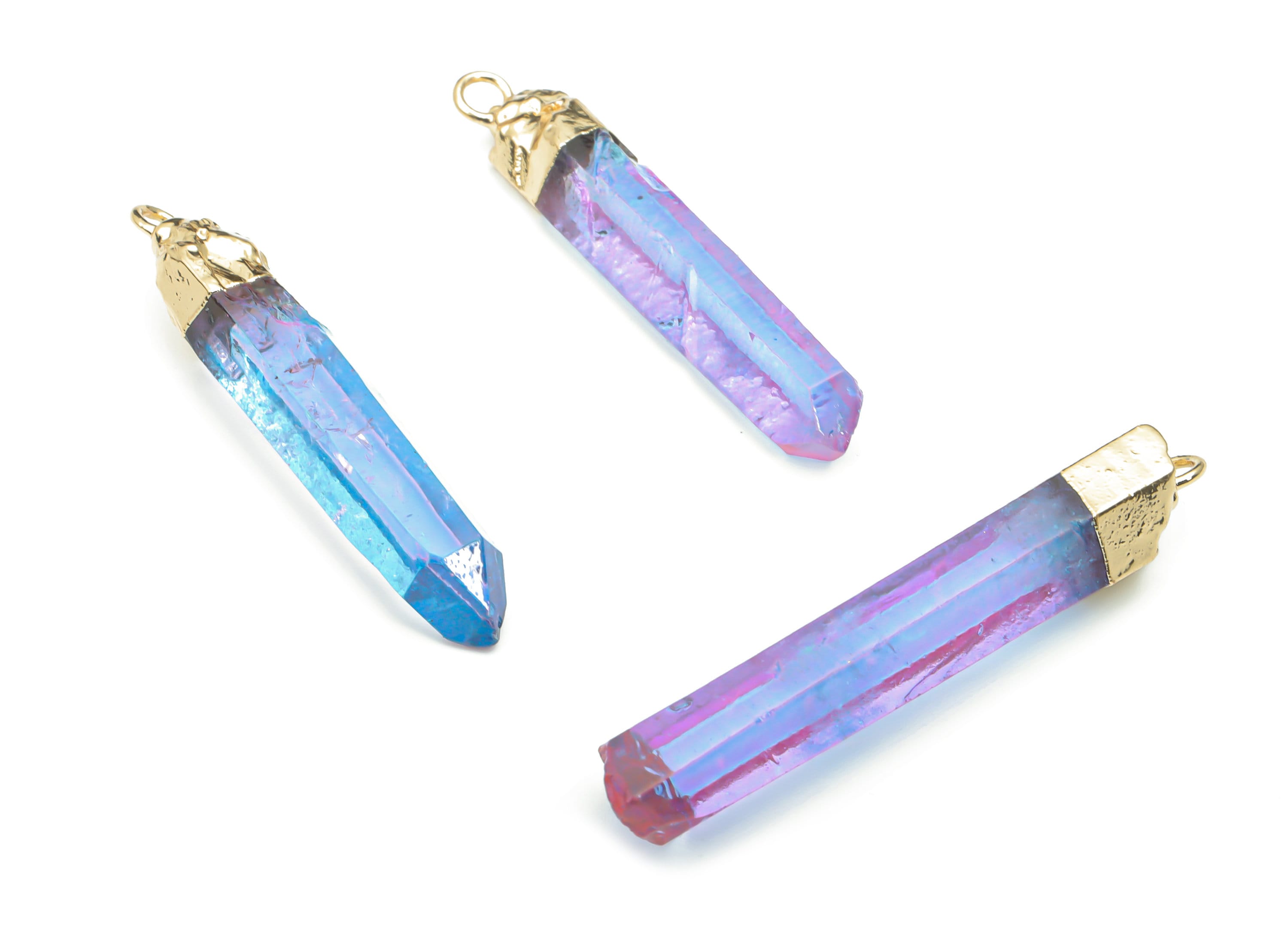 Rainbow Aura Quartz Spike Earring Charms - Brass Strip Pendant - Natural Stone - Gold Tone Plated Brass – 44.87x8.51x7.28mm – NS1647 - DOMEDBAZAAR