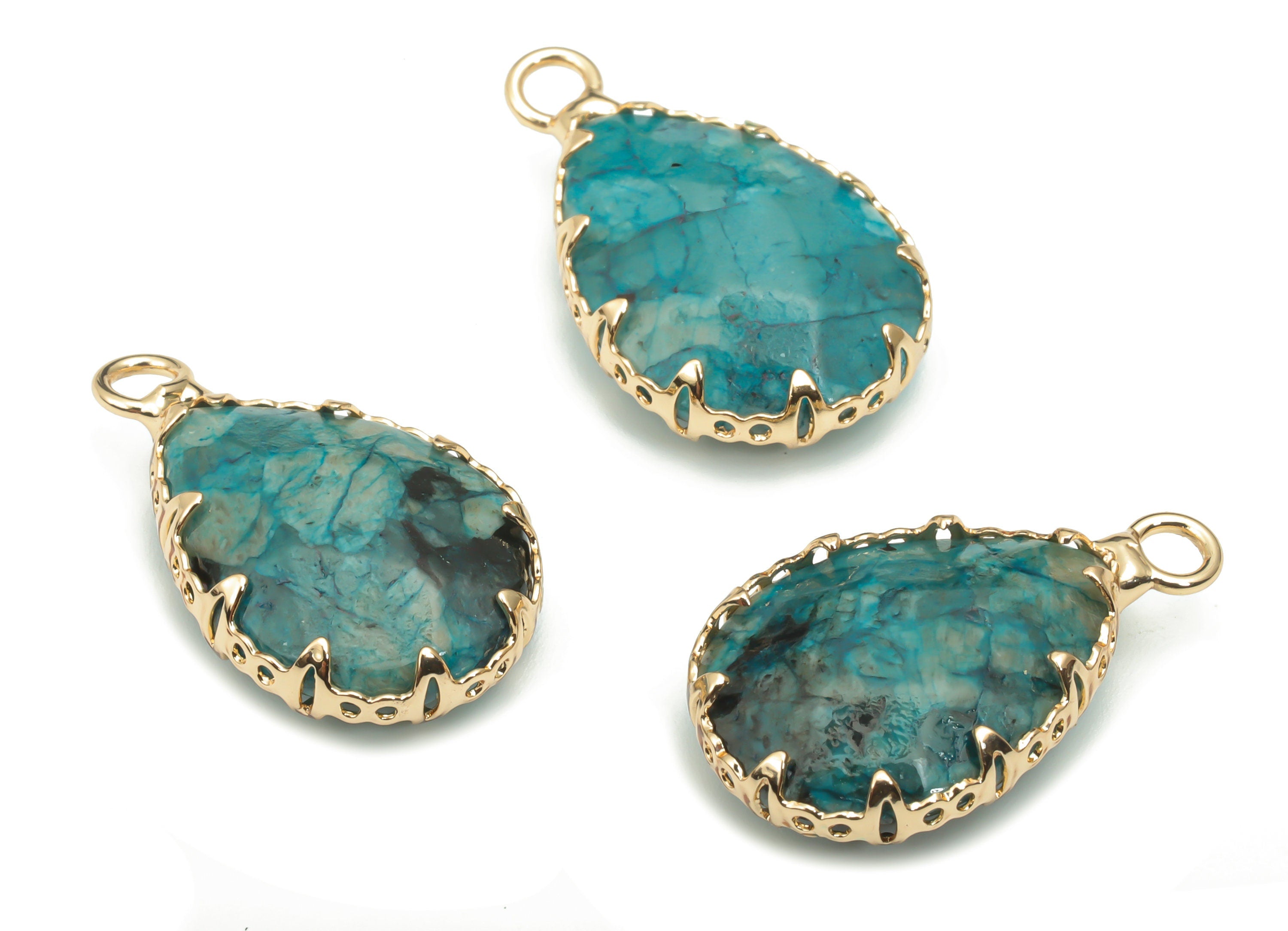 Blue Apatite Faceted Natural Stone Teardrop Charm - Brass Drop Pendant - Gold Tone Plated Brass – Jewelry Supplies - 23.1x13.9x5.6mm–NS1636J - DOMEDBAZAAR