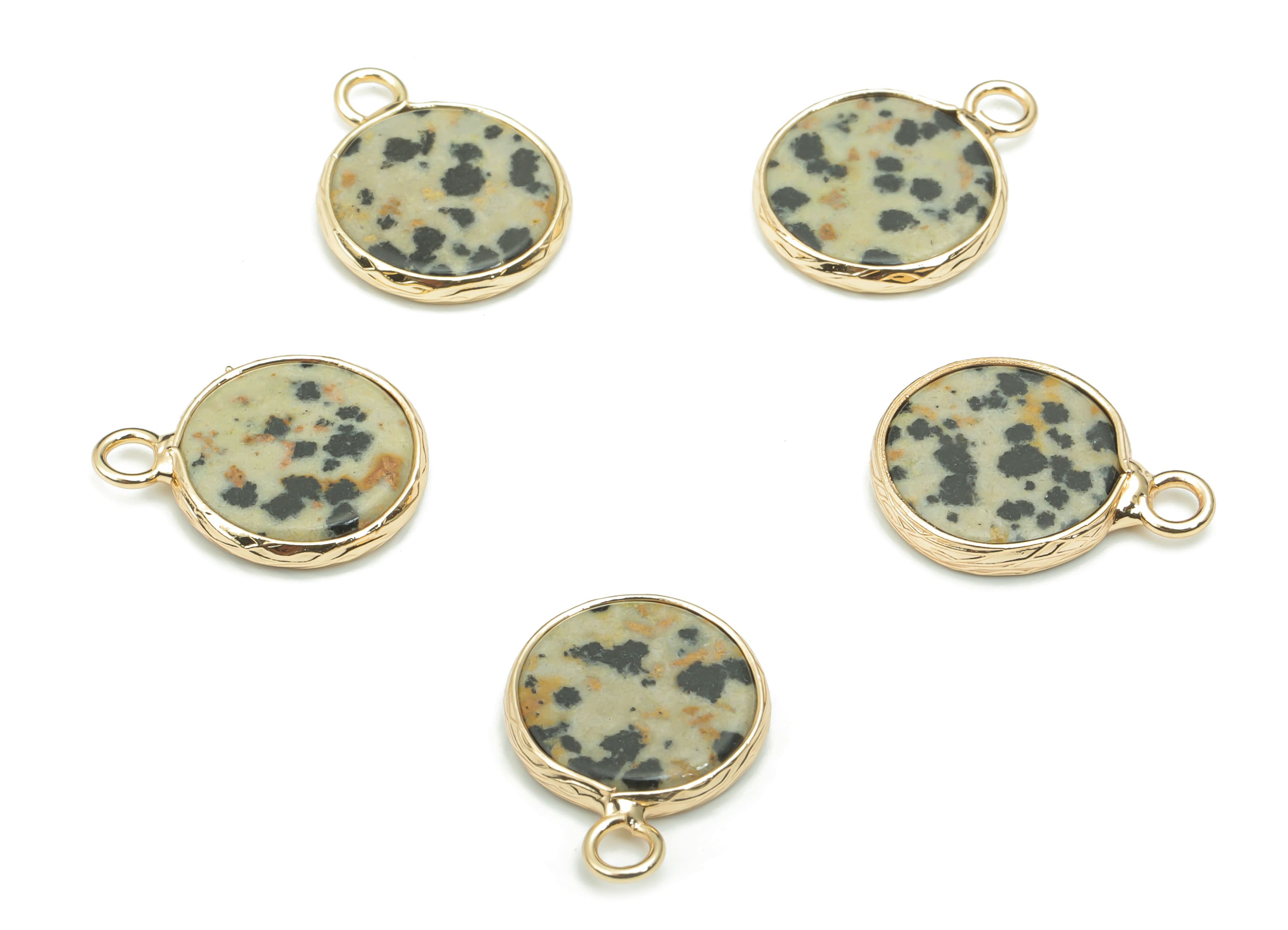 Dalmatian Jasper Natural Stone Earring Charms - Brass Round Pendant - Gold Tone Plated Brass – Jewelry Supplies - 18.43x13.8x2.4mm – NS1639C - DOMEDBAZAAR